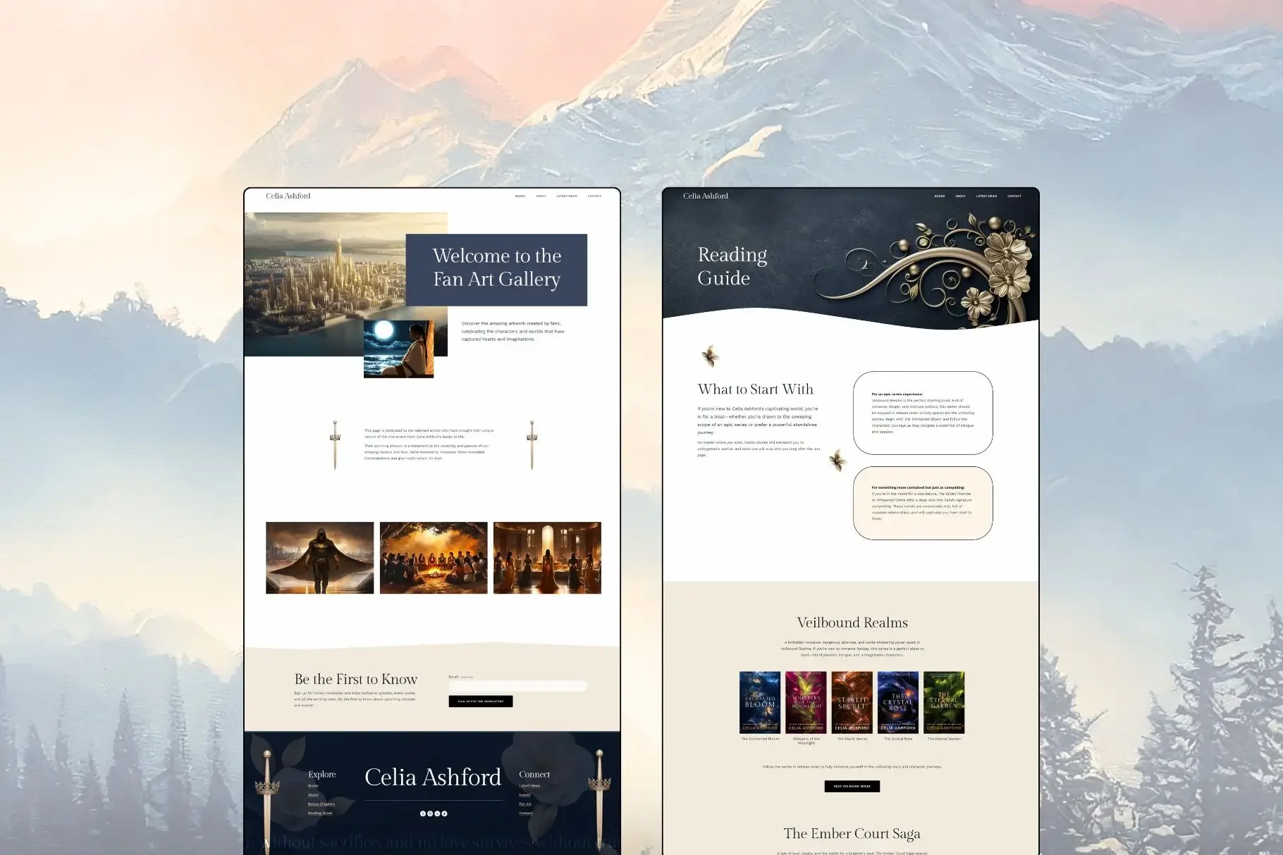 Two detailed webpage templates for a romantasy author website featuring a clean "Fan Art Gallery" layout and an organized book "Reading Guide" page with book covers.