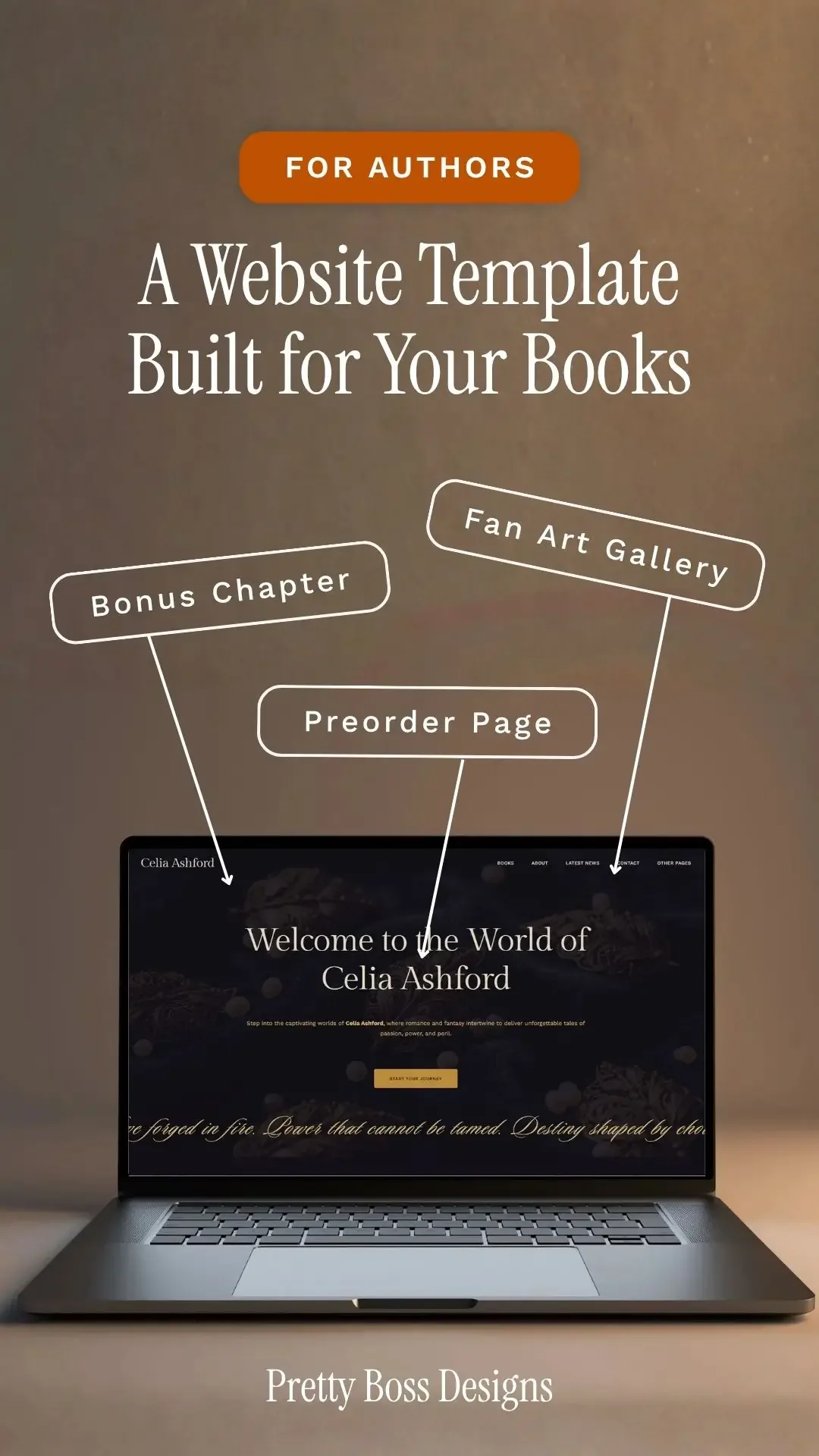 Pinterest pin featuring a laptop mockup of a dark author's website with text that reads "A Website Template Built for Your Books." Arrows highlight specific features including a Bonus Chapter, Preorder Page, and Fan Art Gallery.