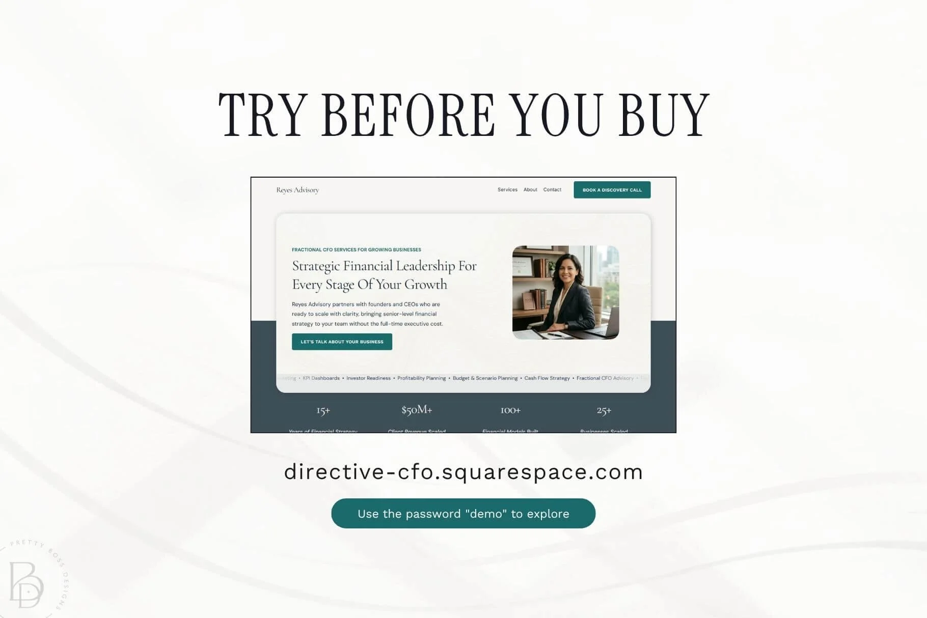  Modern desktop laptop and smartphone mockup displaying a professional Fractional CFO Squarespace website template titled Reyes Advisory. The design features a clean layout, strategic financial copywriting, and a dark teal and cream color palette for