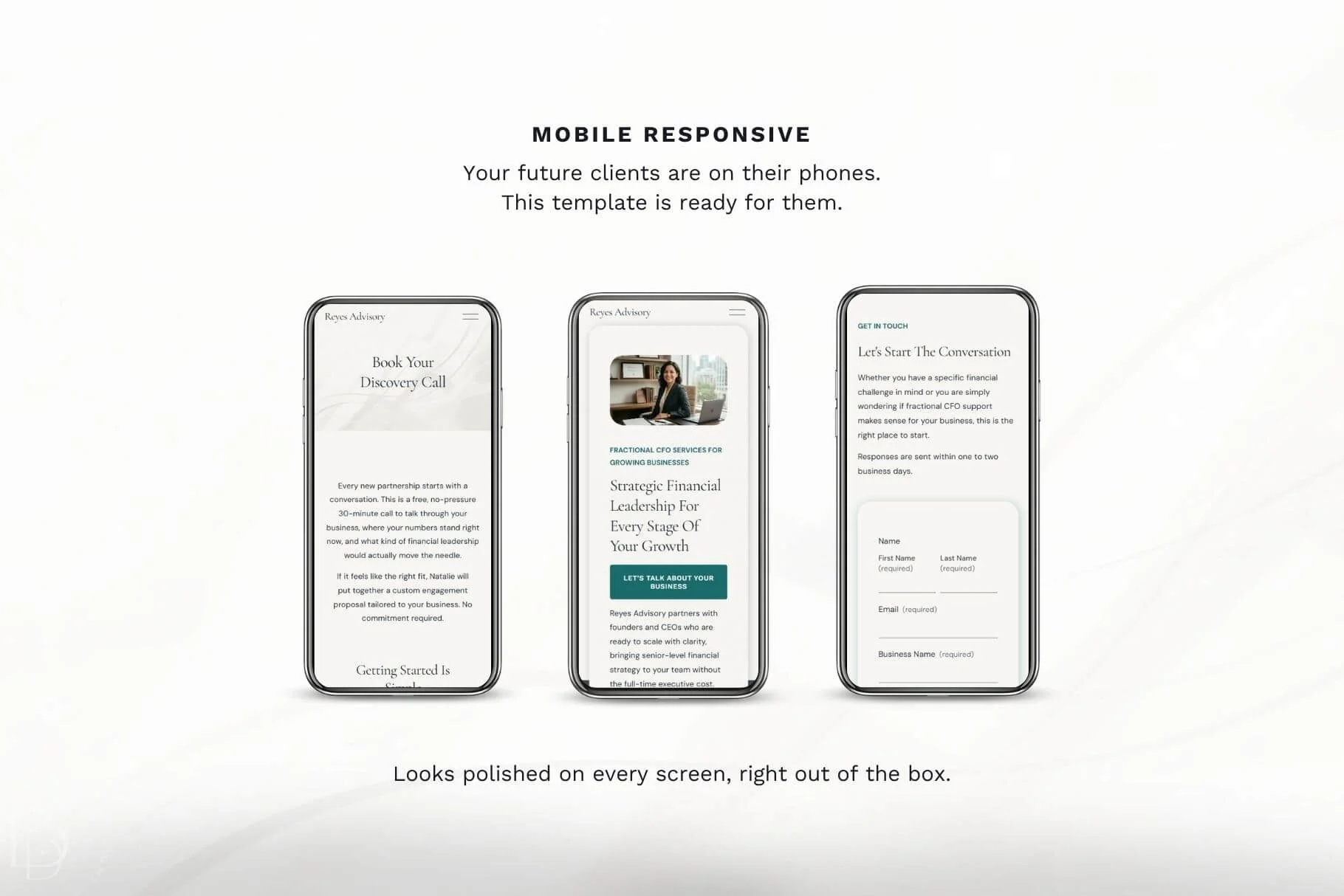  Three smartphone mockups demonstrating the mobile-responsive layout of a financial advisory Squarespace template, showing the booking page, homepage hero section, and custom contact form. 