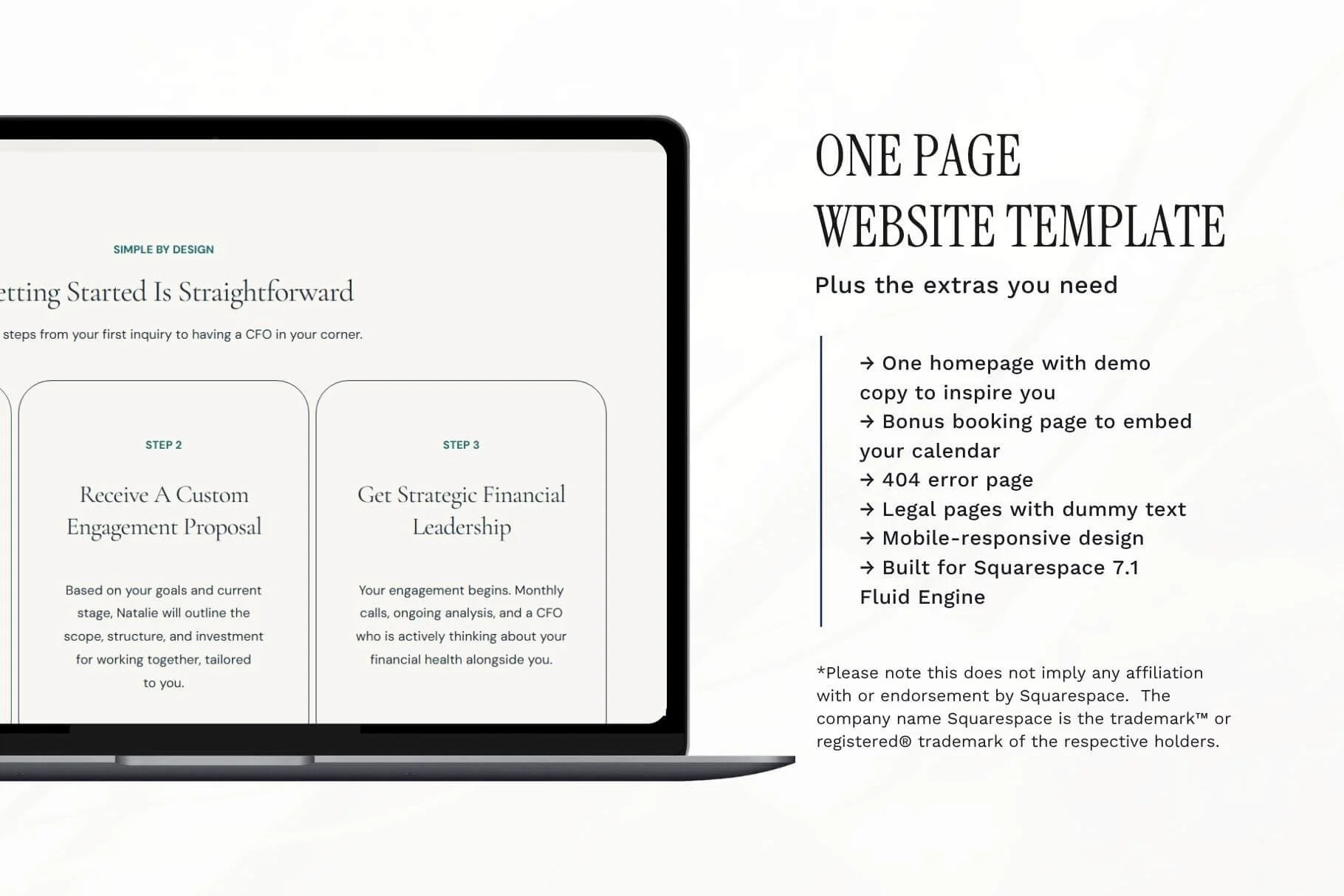  Feature breakdown graphic for a one-page Squarespace 7.1 Fluid Engine template designed for modern financial services, highlighting a bonus booking page, legal pages, and mobile-responsive design. 