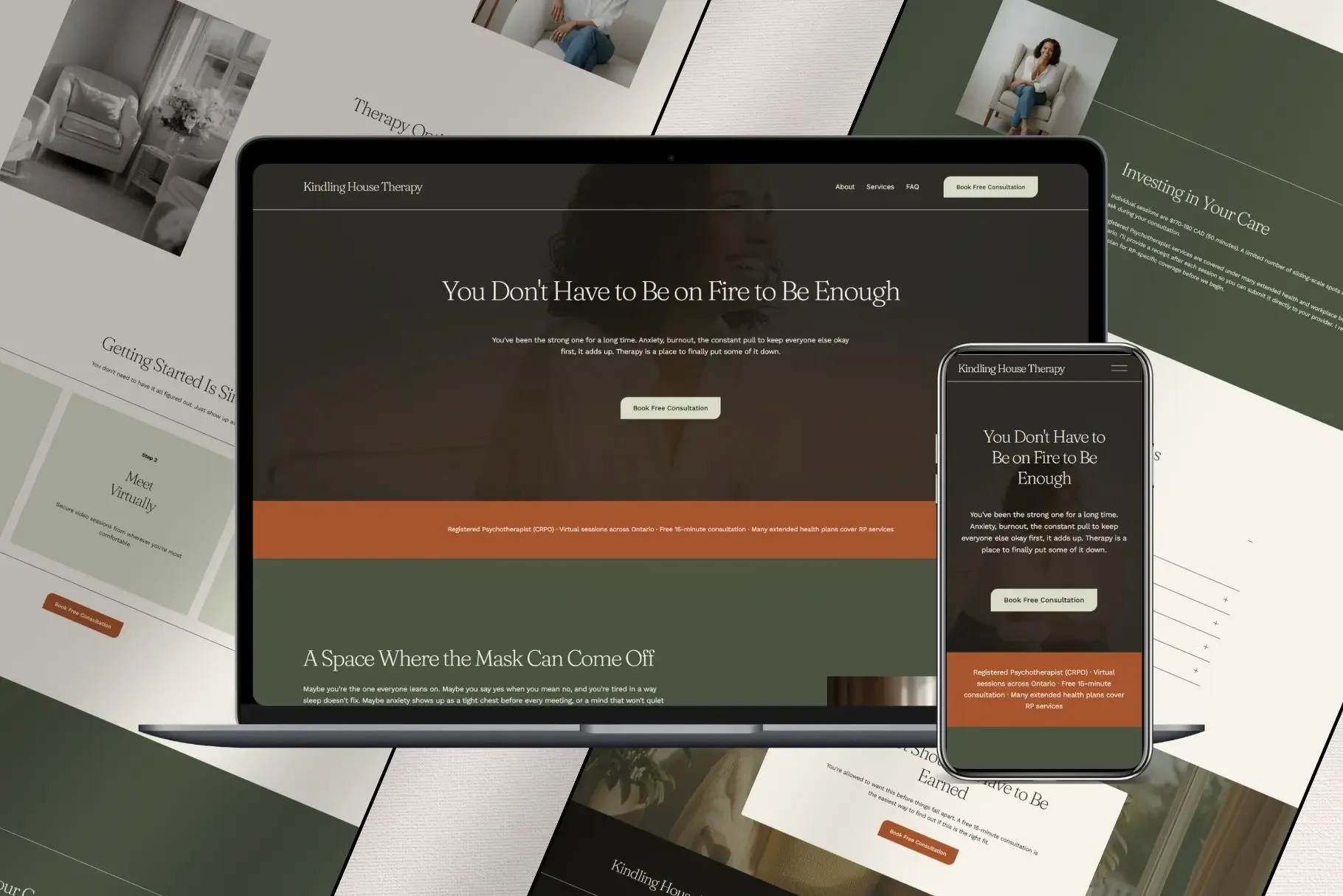  Laptop and smartphone mockups showcasing a responsive one page therapist website template with headline "You Don''t Have to Be on Fire to Be Enough." 