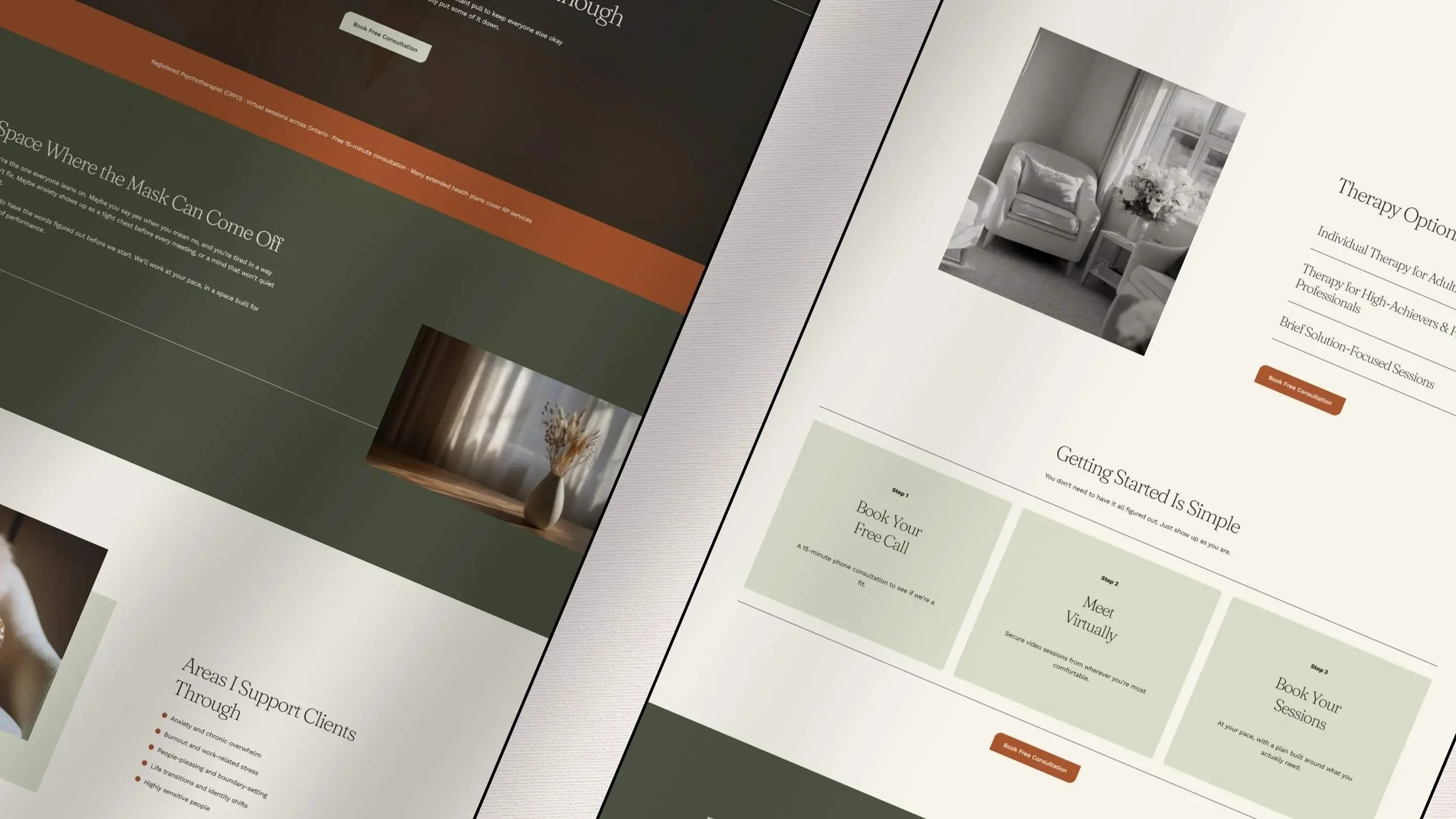 Close-up angled view of a one page therapist website template showcasing sections for Therapy Options, Areas I Support, and Getting Started steps.