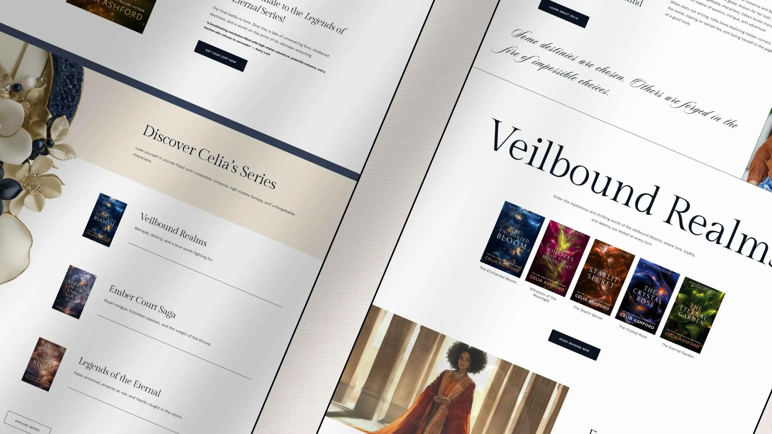 Website layout design for a book author website template presented on two angled mockup views.