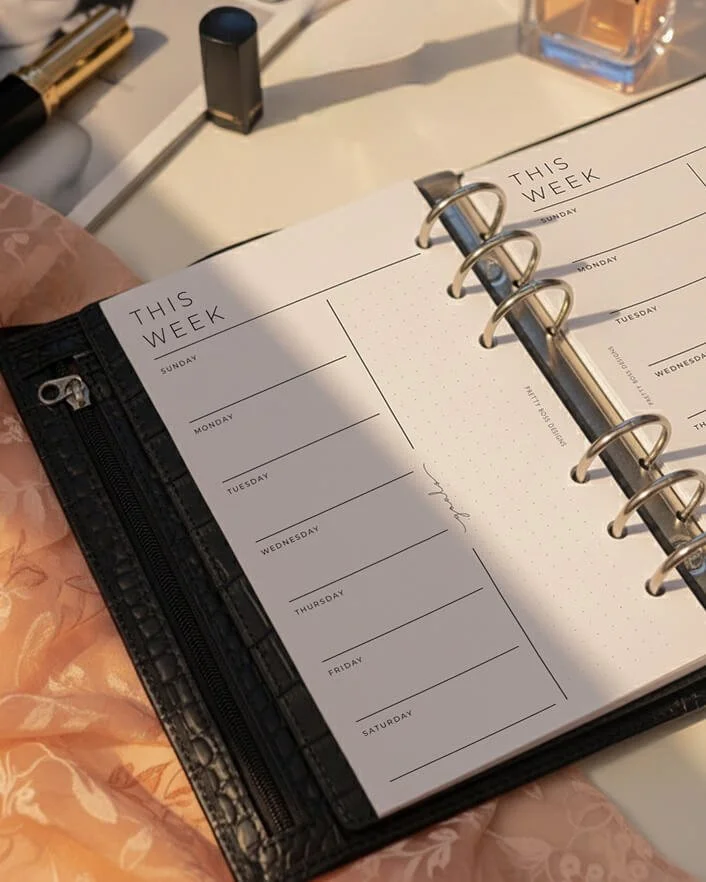 Open weekly planner with view of days from Sunday to Saturday, designed for note-taking, resting on a marble surface with other items nearby.