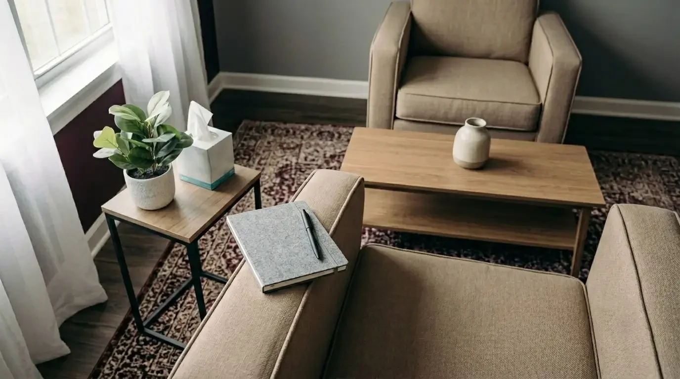 A calm and welcoming therapist's office featuring neutral-toned armchairs, a wooden coffee table, a potted plant, and notebook ready for a session.