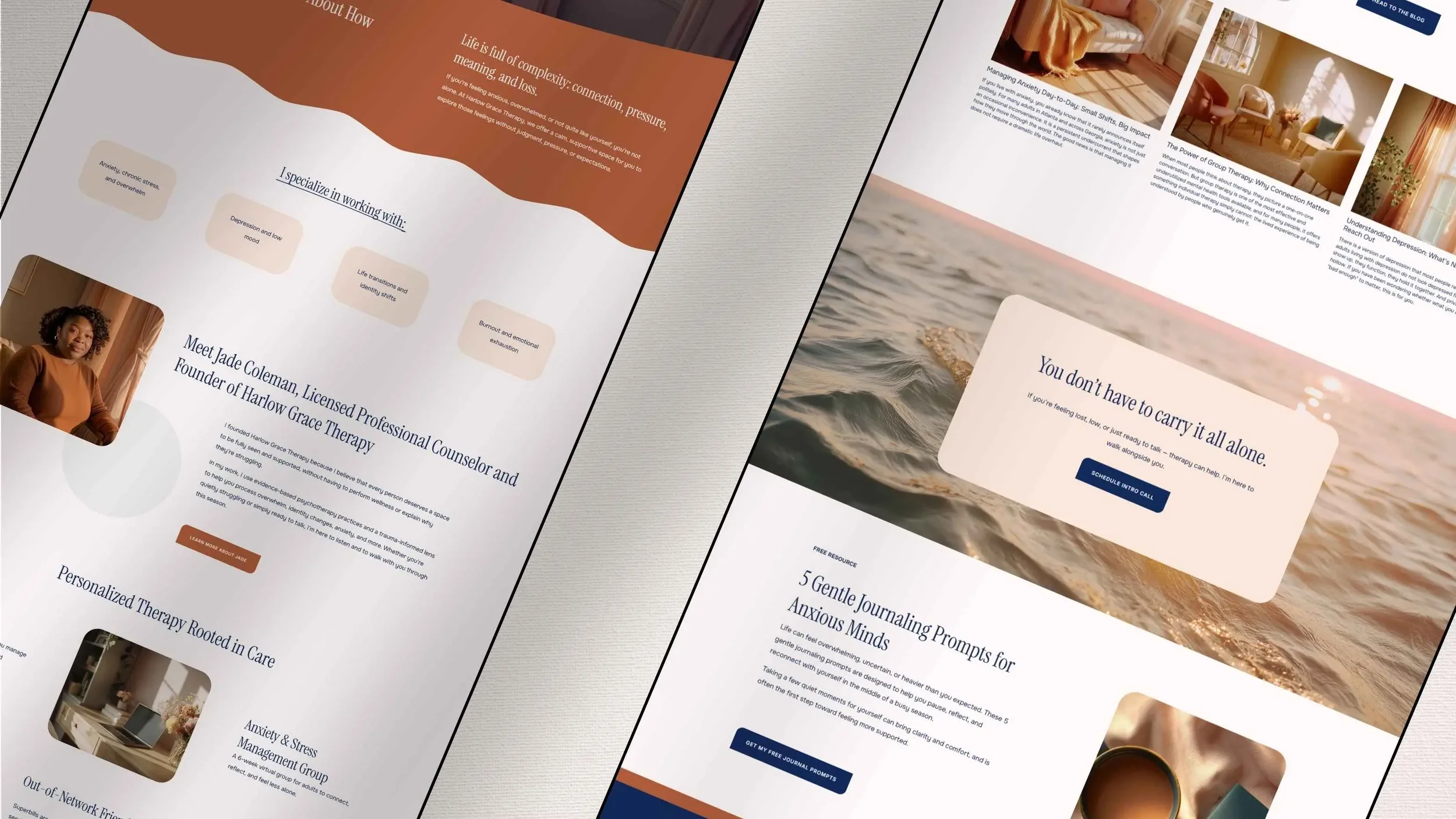 Mockup design of a therapy website featuring warm terracotta, cream, and deep navy tones.