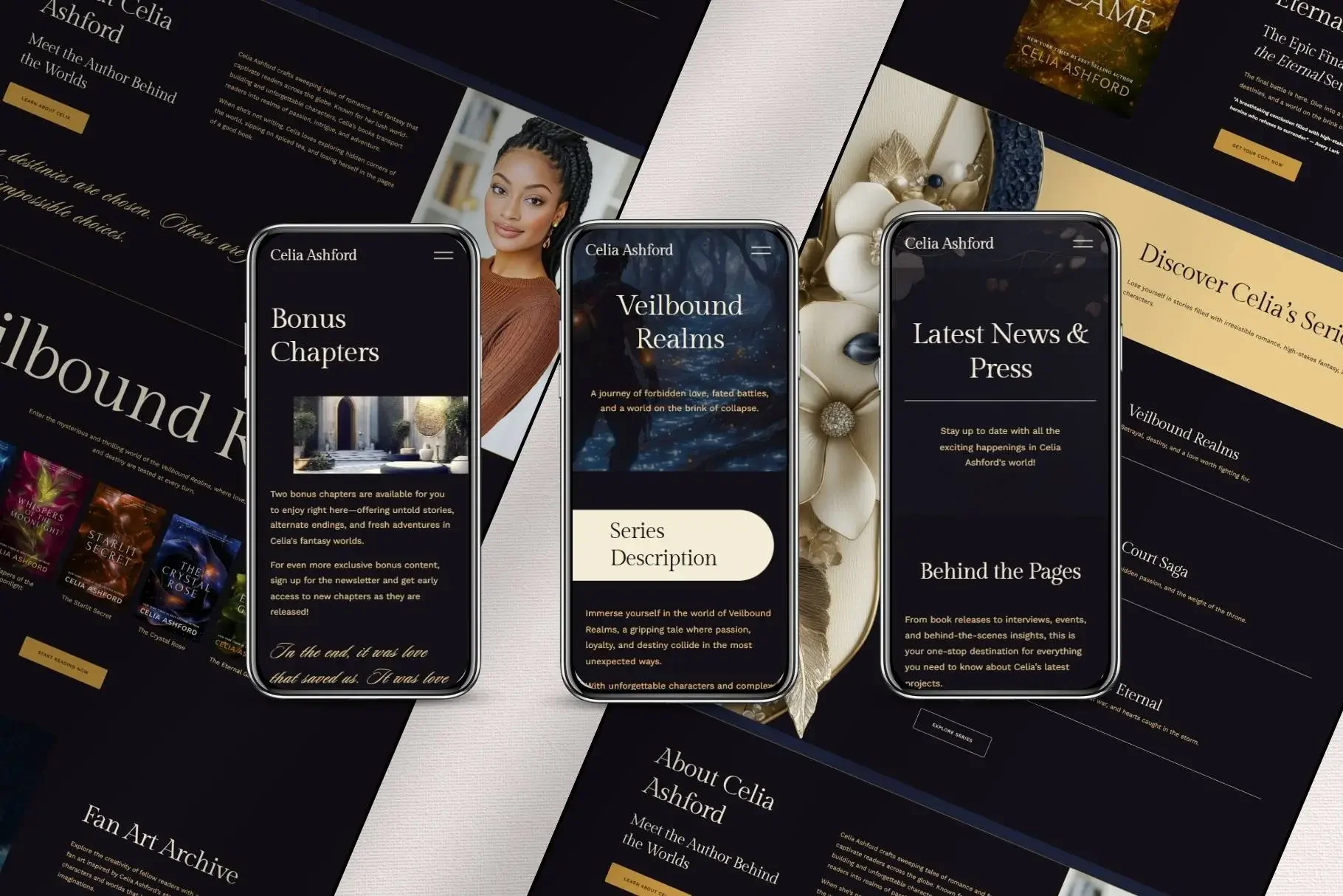 Multiple smartphone and desktop mockups showcasing various pages of a dark romantasy author website template, including bonus chapters, series descriptions, and a fan art archive.