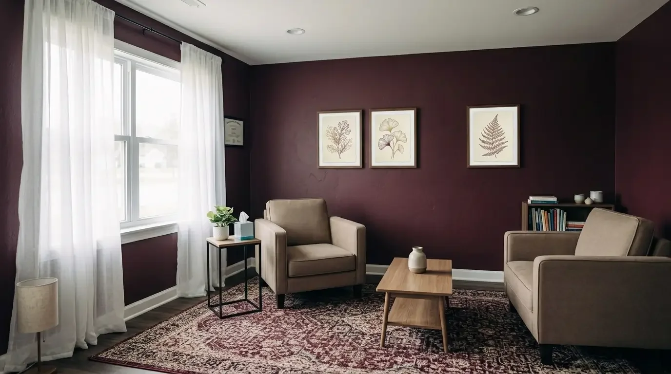 A warm, inviting counseling room interior featuring dark plum walls accented by botanical framed prints, comfortable seating, and a large window.