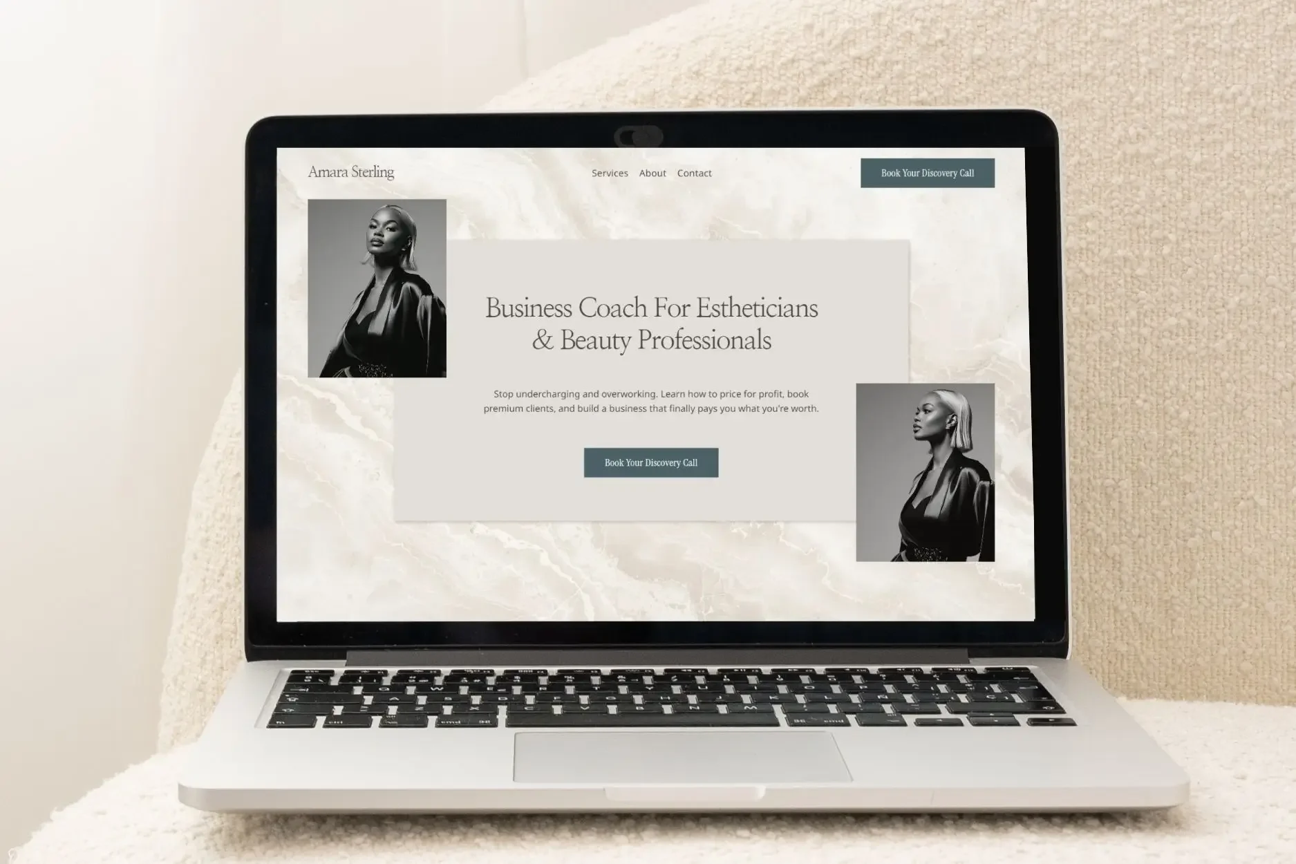 A laptop displaying a light, minimalist website design for a beauty business coach, featuring a marble background texture and black and white photography.