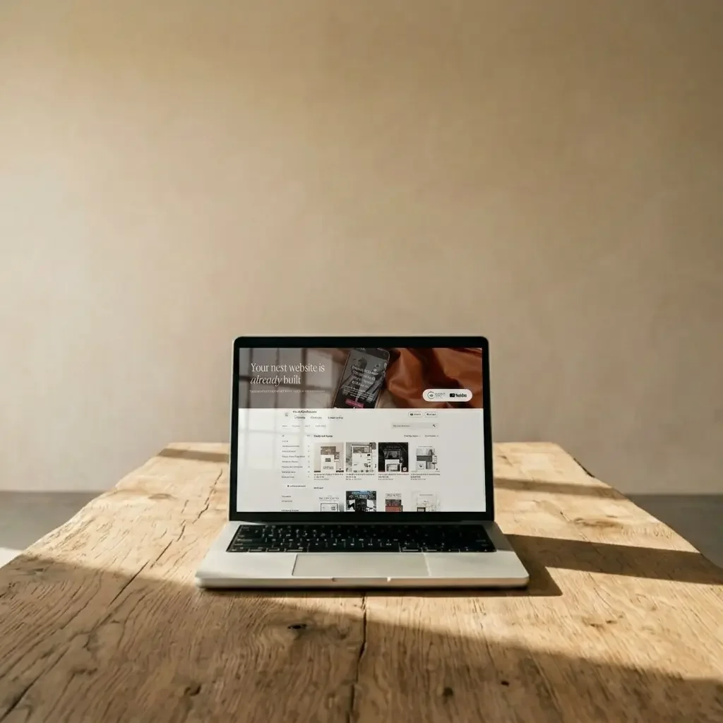 A laptop on a wooden table displaying a website with the text "Your next website is already built."