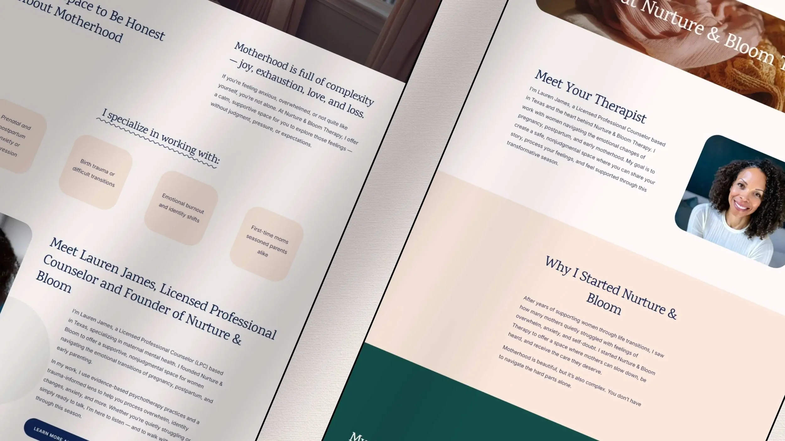 Therapy website layout design presented on two angled mockup screens.