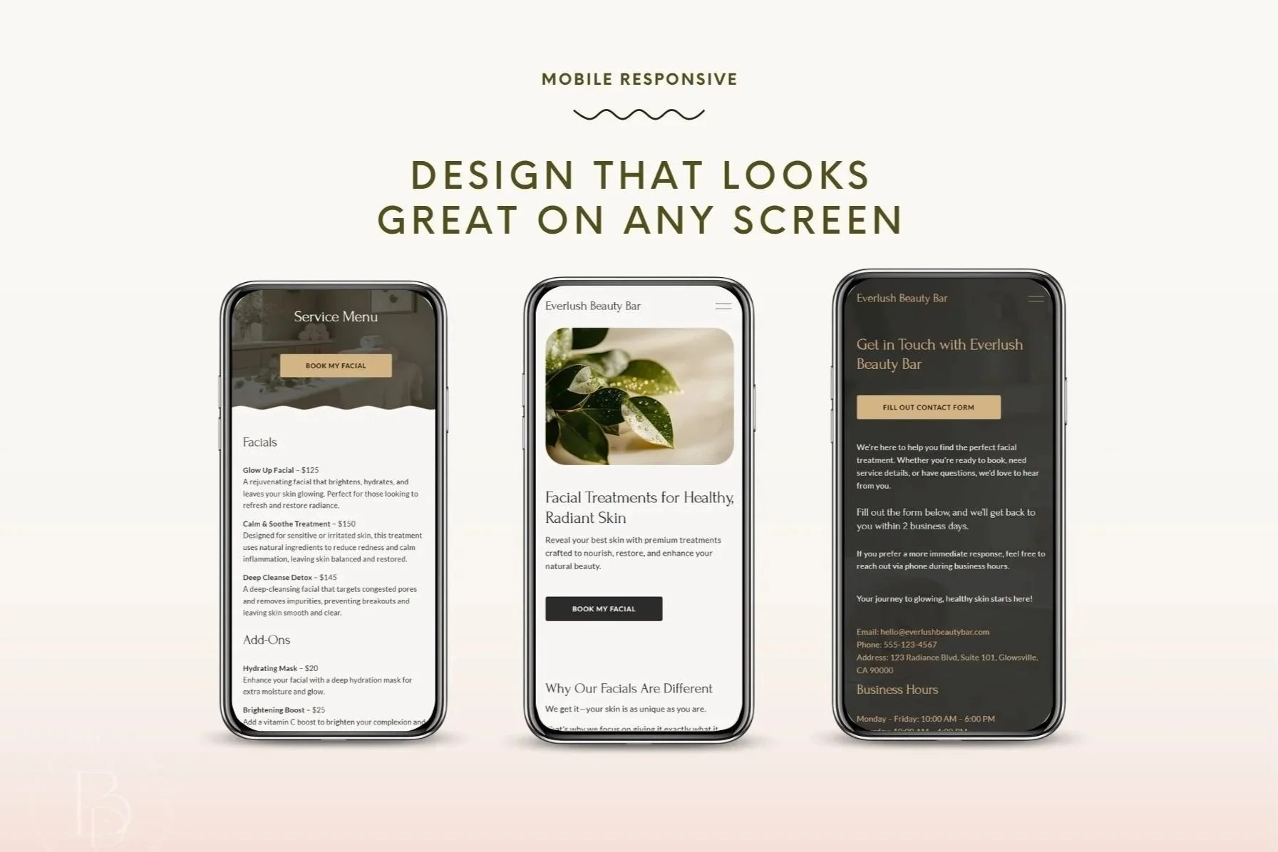 Mobile responsive medspa website layout featuring service menus, facial treatment details, and contact forms for beauty bars.