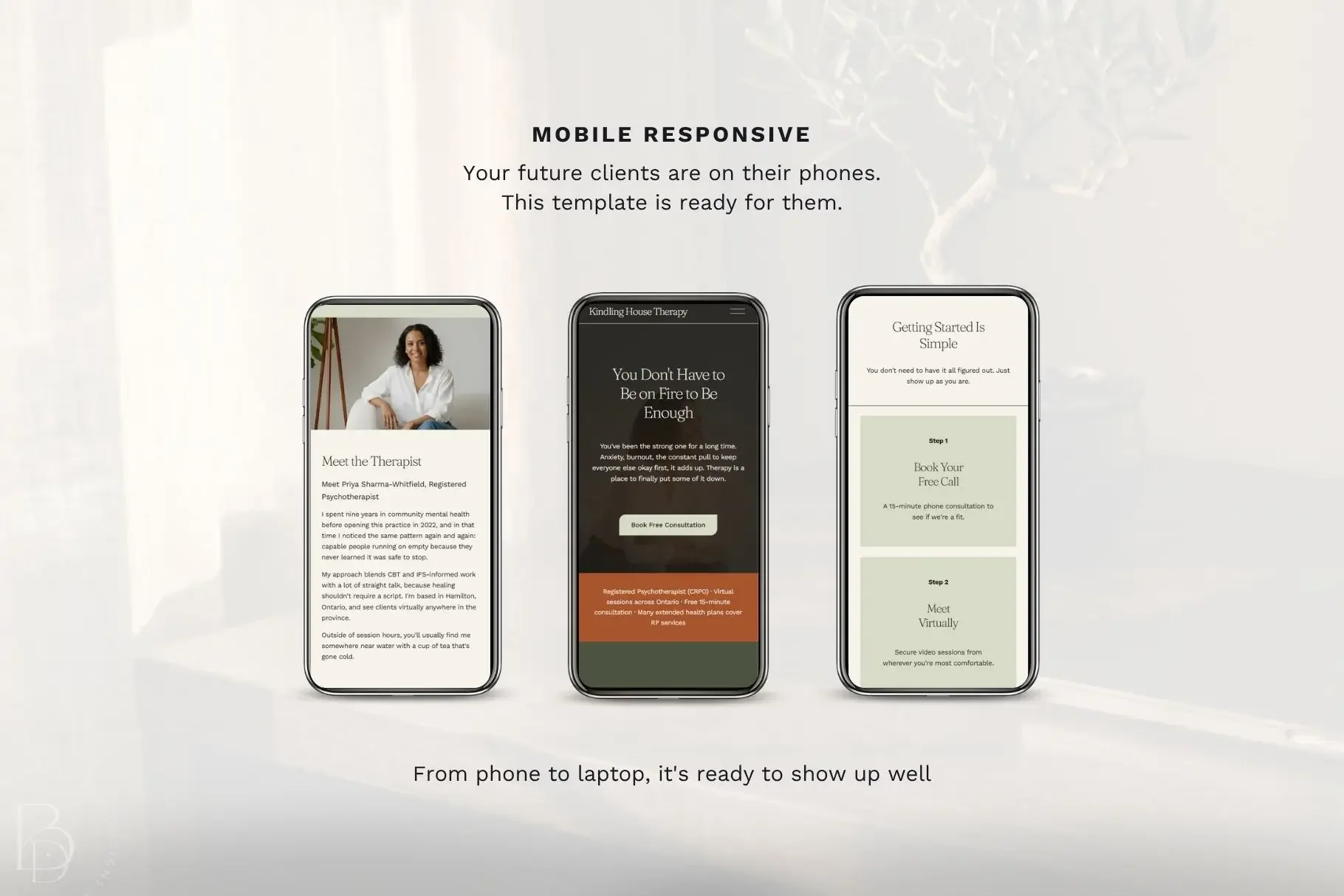 Three smartphone screens showcasing a mobile-responsive one page therapist website template with text reading "Mobile Responsive: Your future clients are on their phones."