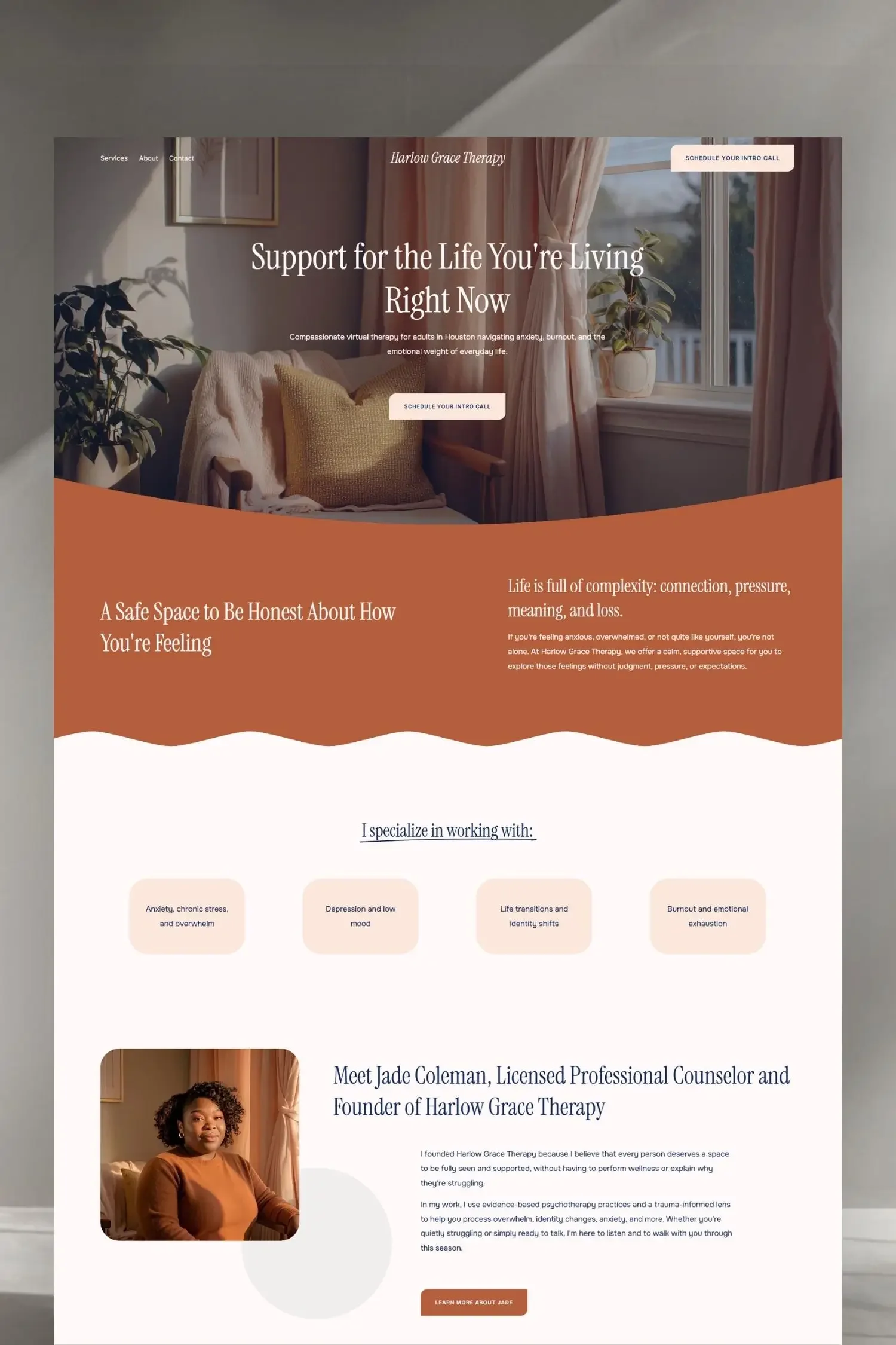 Psychology practice web design for Squarespace. Main headings read "Support for the Life You're Living Right Now" and "A Safe Space to Be Honest About How You're Feeling," followed by a bio for Jade Coleman, Licensed Professional Counselor.