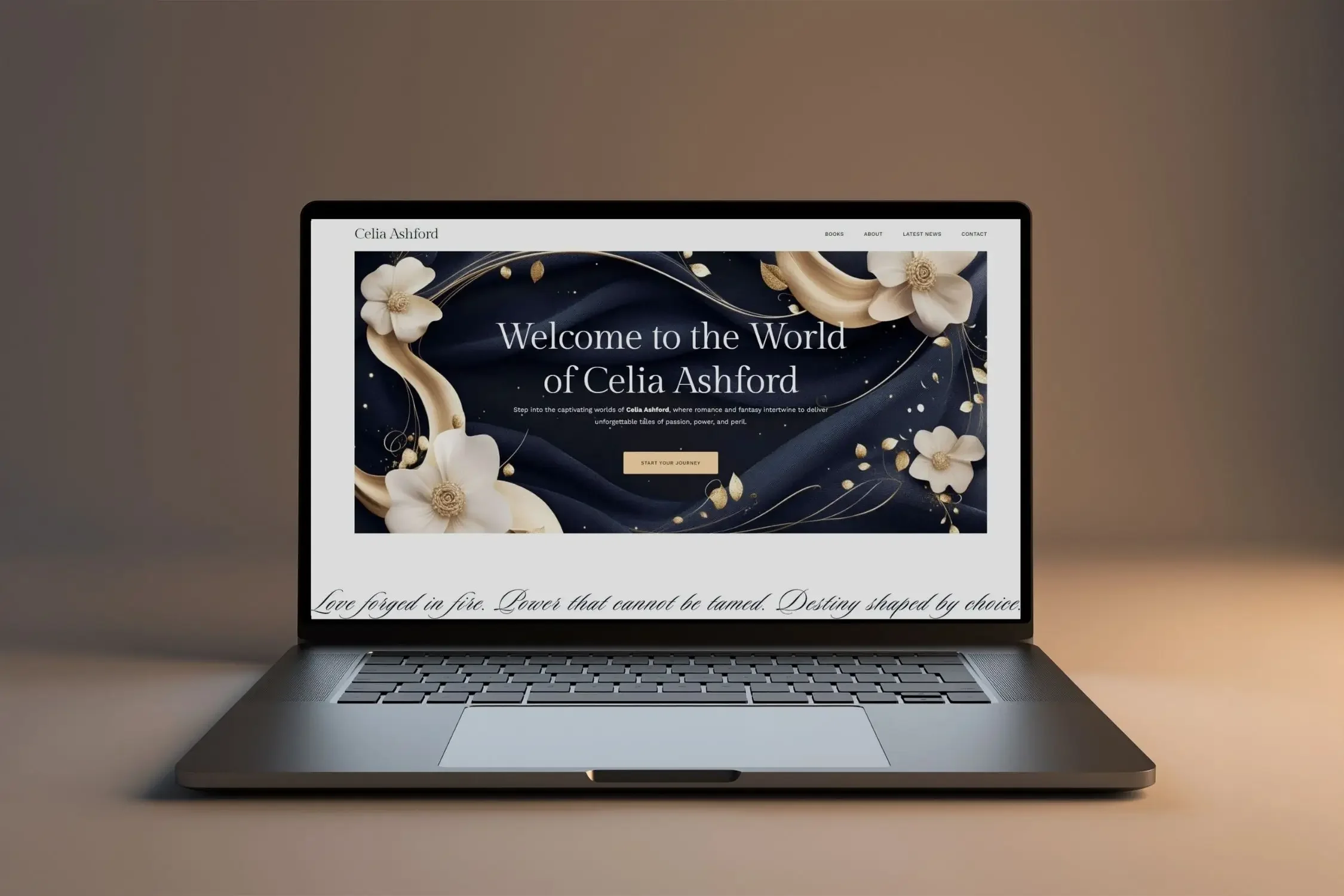 A laptop mockup displaying an elegant author's website homepage with the text "Welcome to the World of Celia Ashford" framed by decorative gold swirls and white 3D flowers.