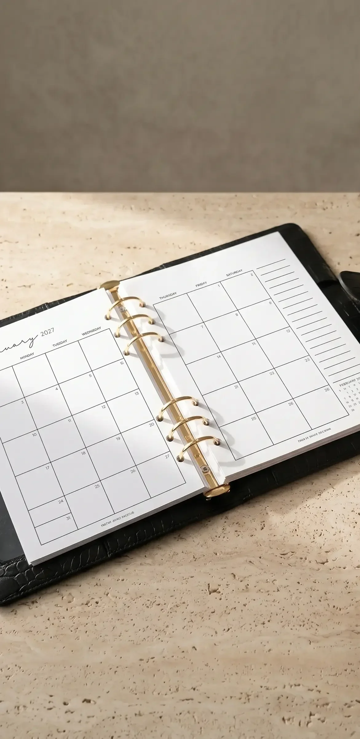 An open black leather A5 ring binder showing a blank monthly calendar spread for January 2027, resting on a textured light stone surface next to a sleek gold pen.