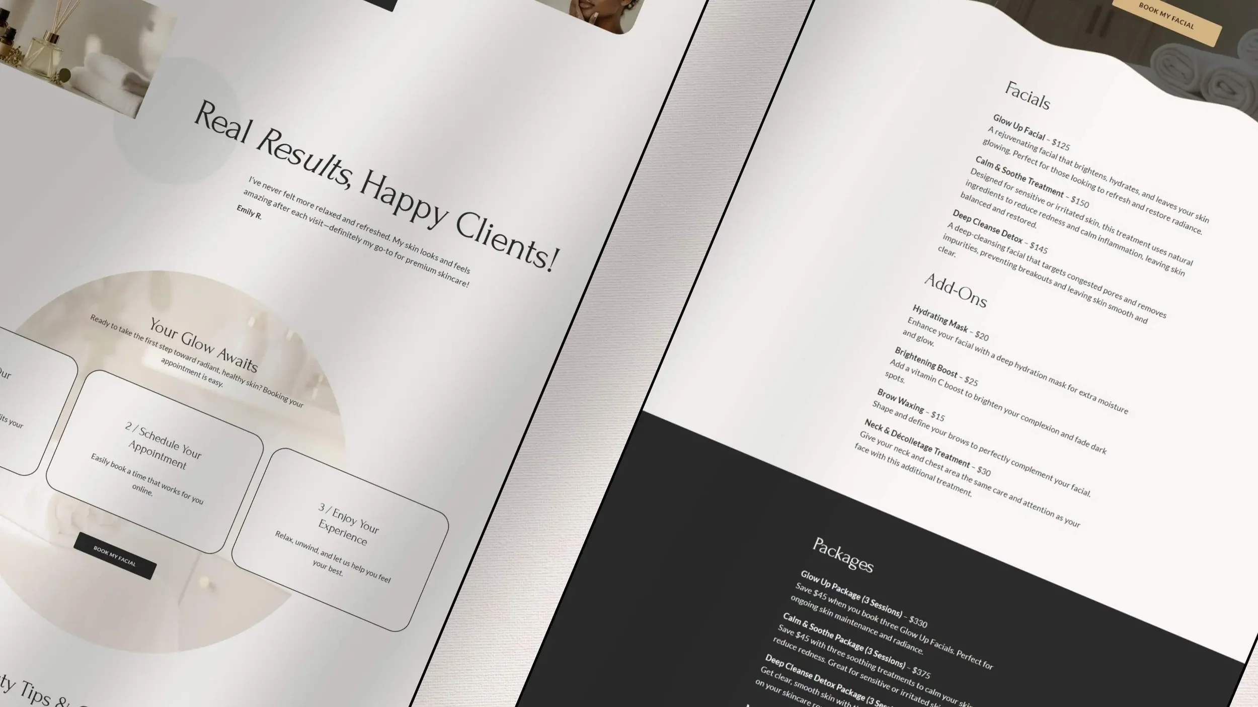 Medspa website design showing client testimonials, facial treatment menus, add-on pricing, and package options for skincare clinics.