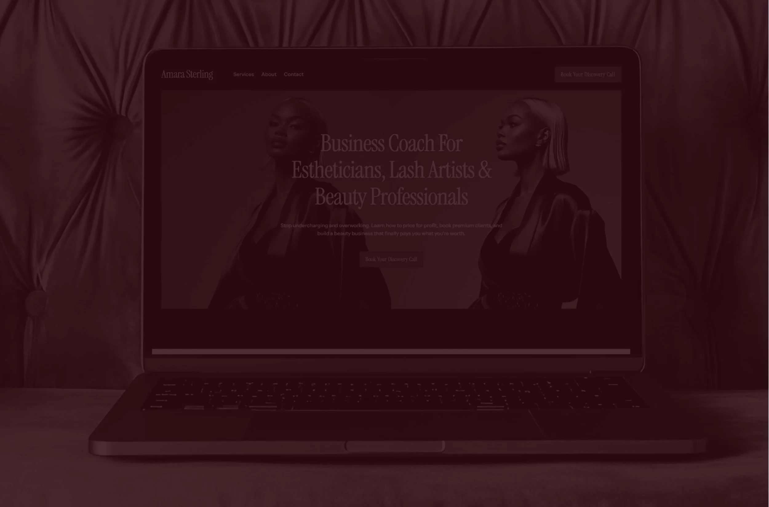 Laptop on a table displaying a website for a business coach for estheticians, lash artists, and beauty professionals, with curtained backdrop.