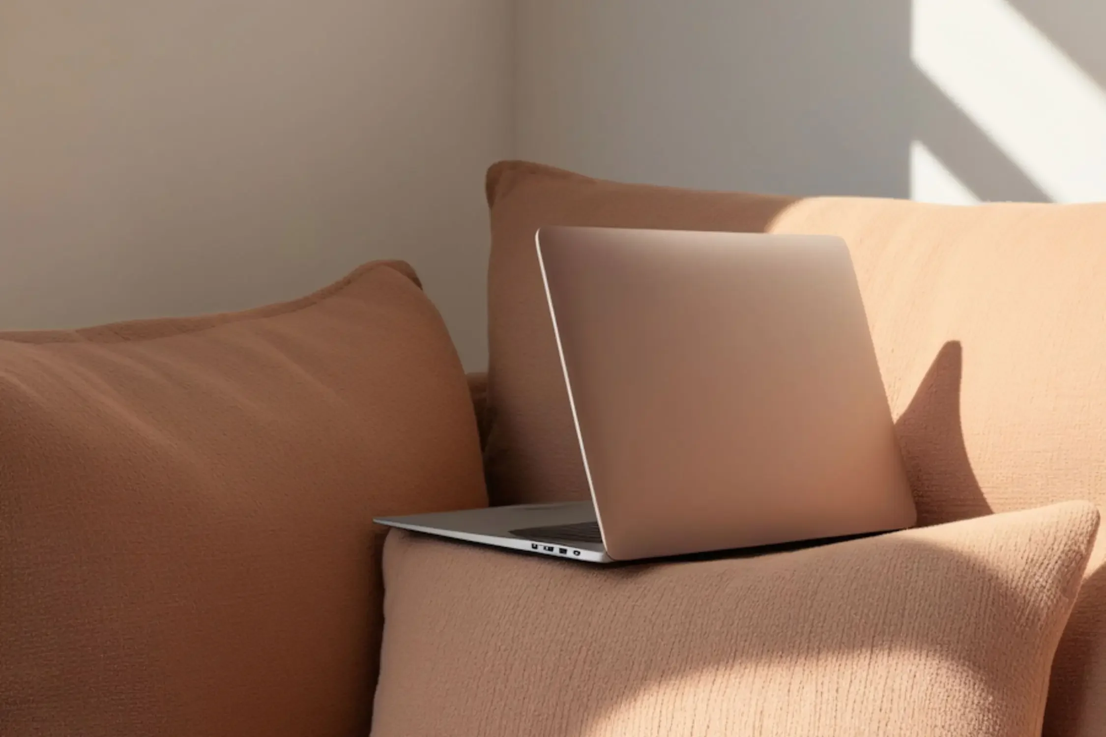 A modern laptop propped up on peach-toned decorative pillows on a sofa, illuminated by soft window light and shadows.