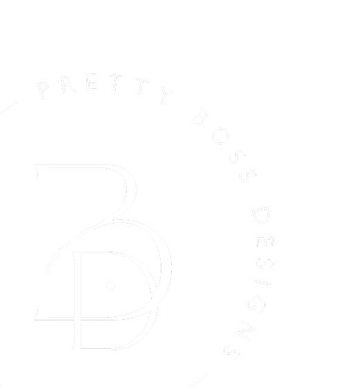 Logo with large intertwined initials 'B' and 'D' and the text 'PRETTY BOSS DESIGNS' curved around the top on a black background.