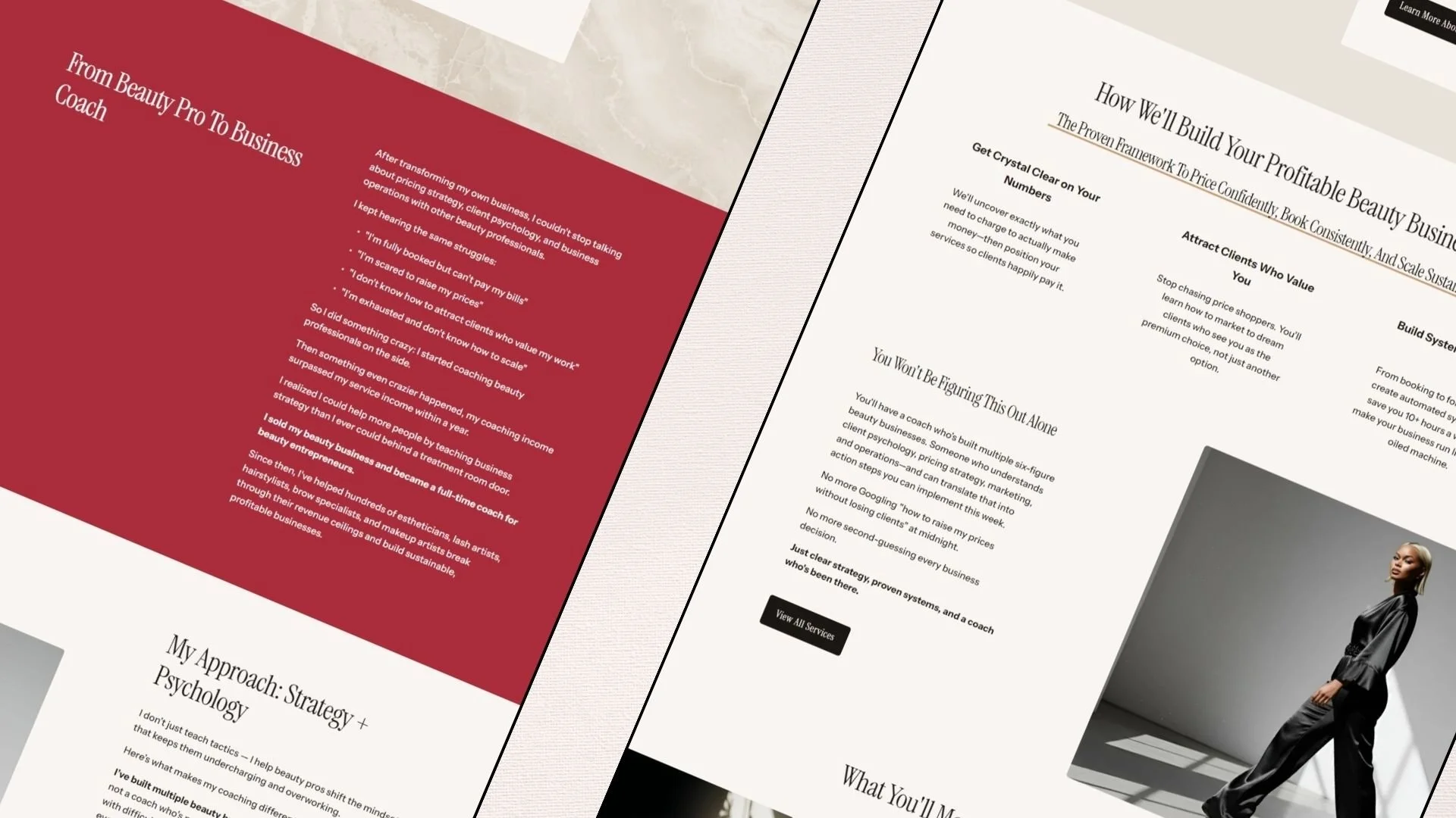 Modern coaching website template layout showing service strategy, framework, and story sections.
