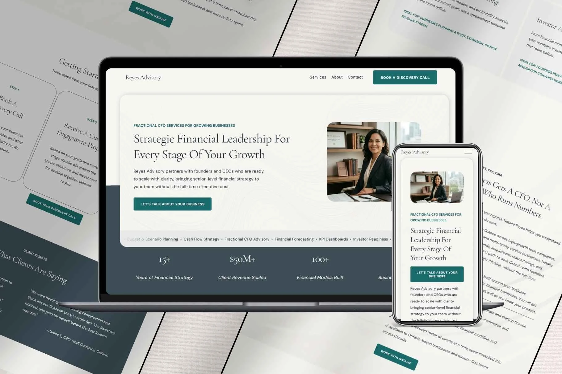 Desktop and smartphone mockup displaying Reyes Advisory one-page website template layout.