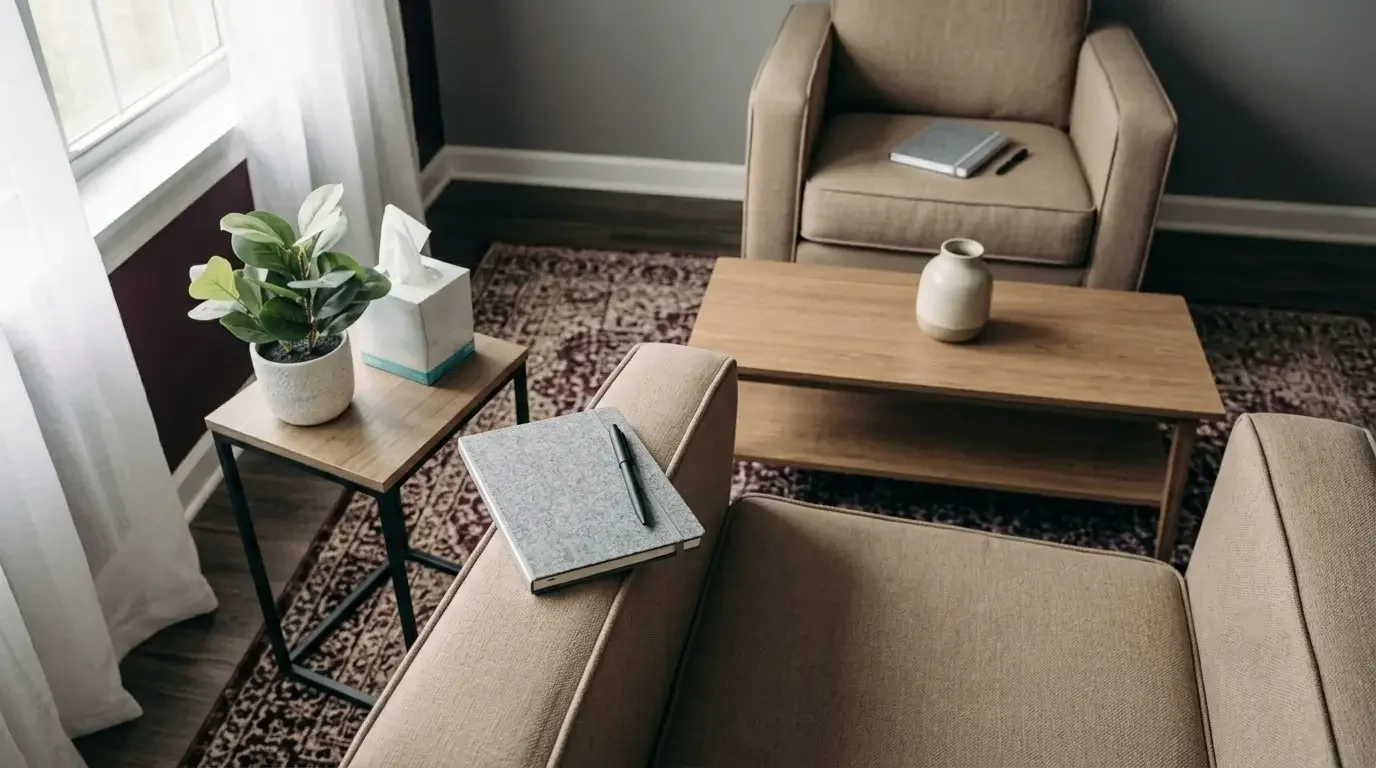 A calm and welcoming therapist's office or consultation room featuring neutral-toned armchairs, a wooden coffee table, a potted plant, and notebooks ready for a session.