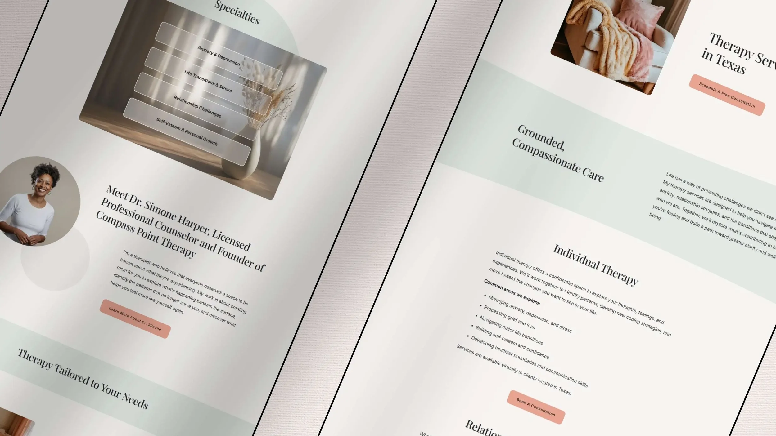 Two angled design layouts for a psychologist website template.