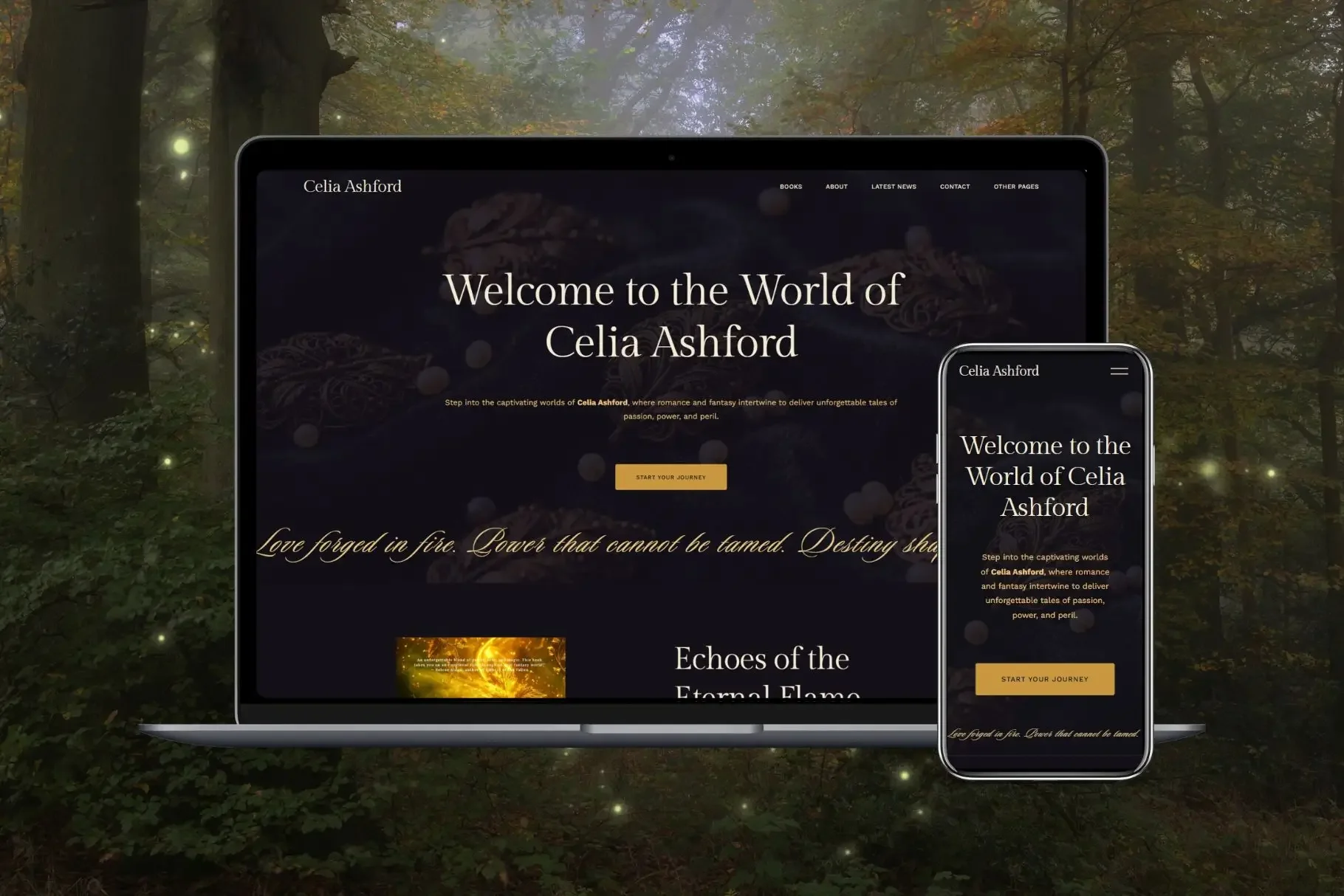 A laptop and smartphone displaying a dark, magical fantasy author website homepage with the text "Welcome to the World of Celia Ashford" against a glowing, enchanted forest background.