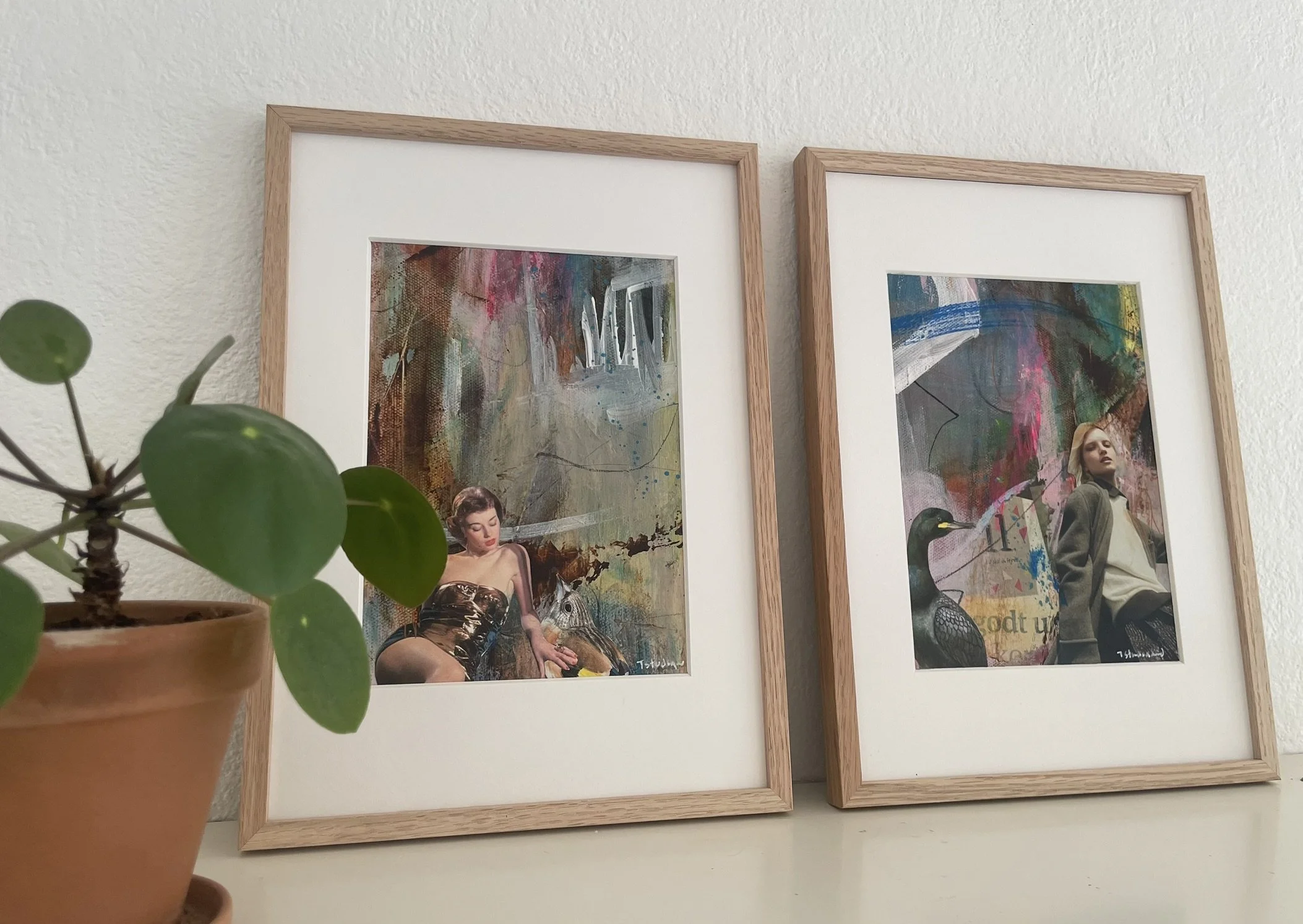 Collage med kvinde og fugl med abstrakt baggrund