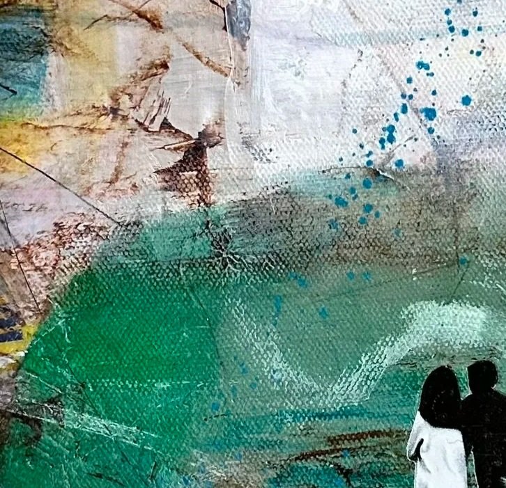 Collage i egetræsramme, kvinde og mand med abstrakt baggrund