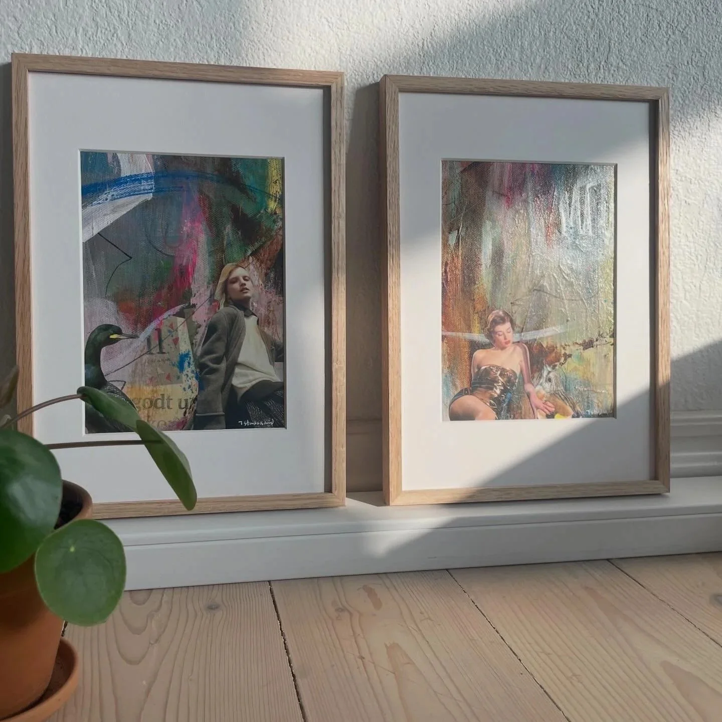 Collage med kvinde og fugl med abstrakt baggrund