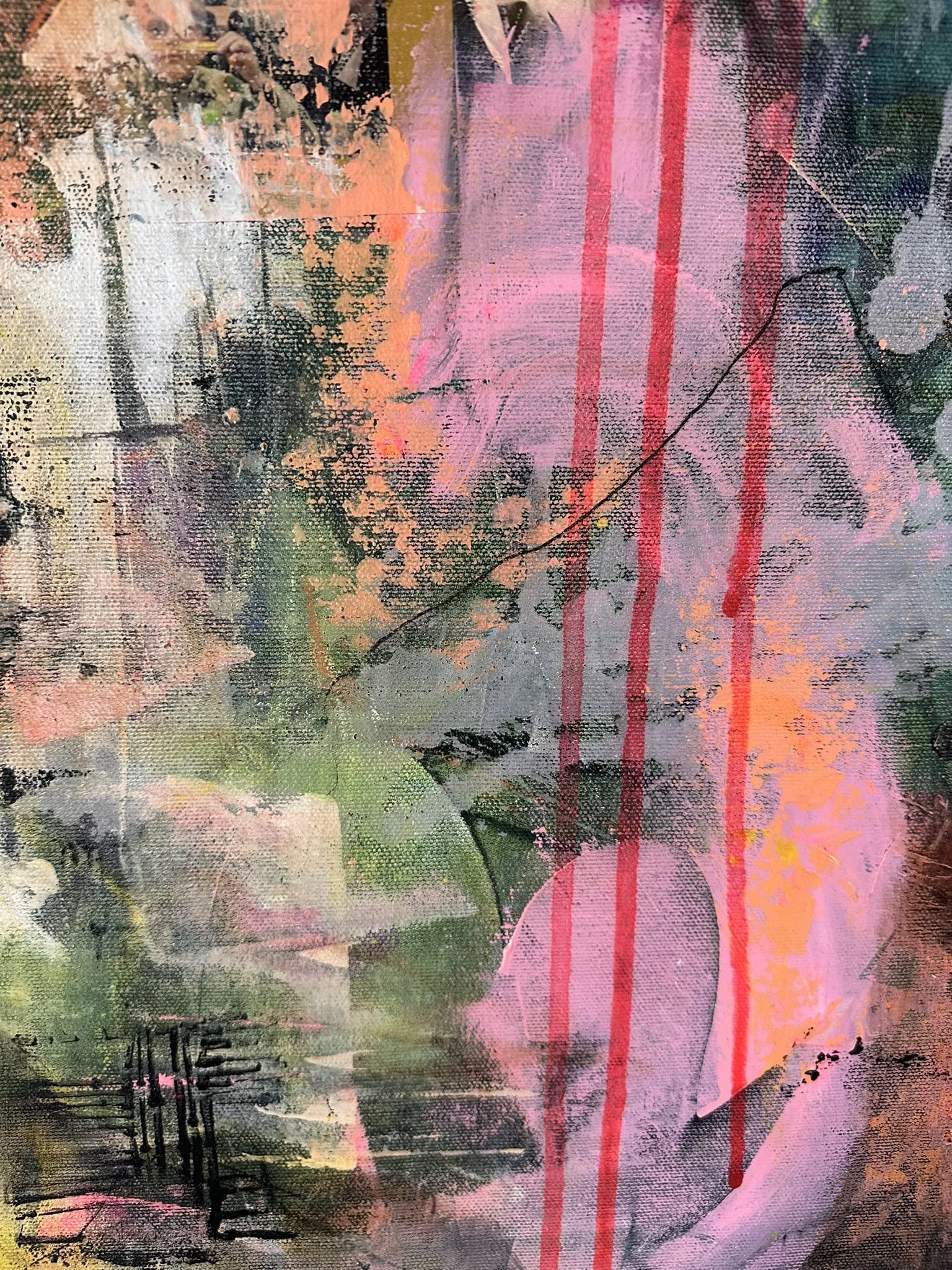 Udsnit af abstrakt mixed media maleri i mange farver