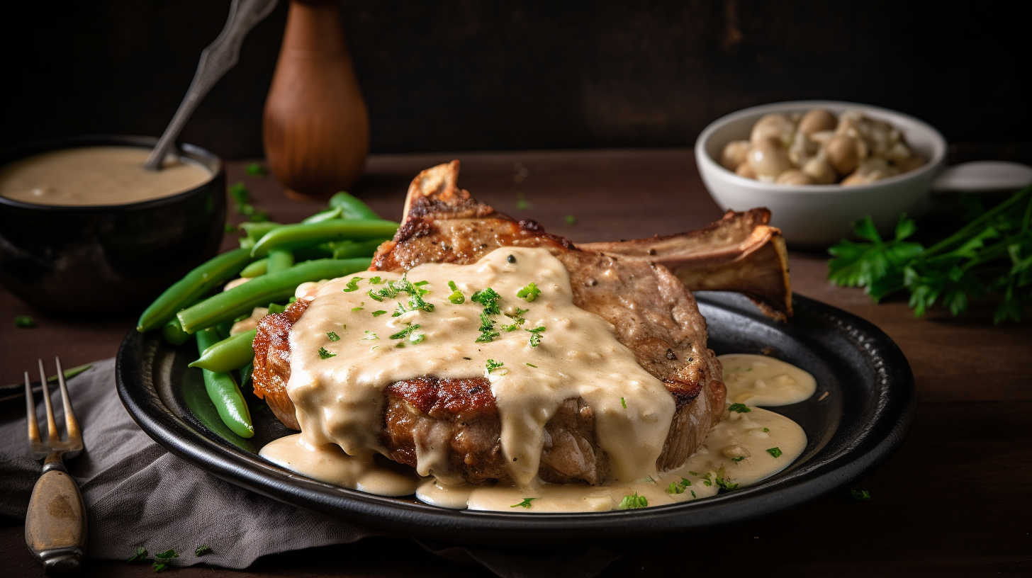 Smothered Pork Chops with Mashed Potatoes and Green Beans