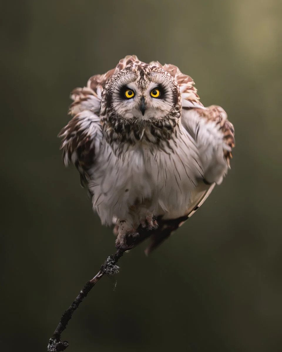 Lintukuva suopöllöstä ravistelee höyheniä.