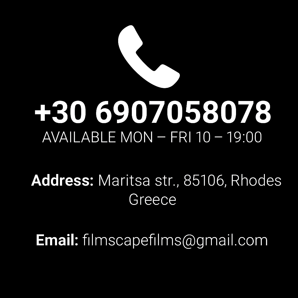 Contact information card with a phone icon, displaying a phone number, availability hours, address, and email on a black background.