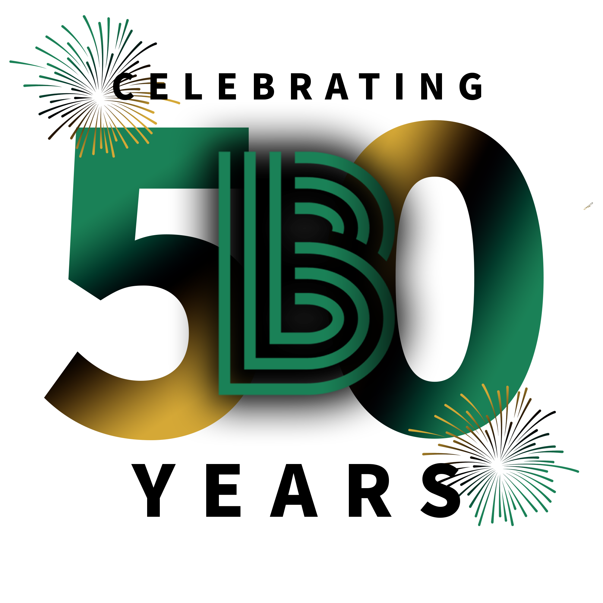 A digital graphic celebrating Bitcoin, featuring a large BTC logo centered with the number 50, surrounded by gold and black accents and stylized sparks or fireworks.