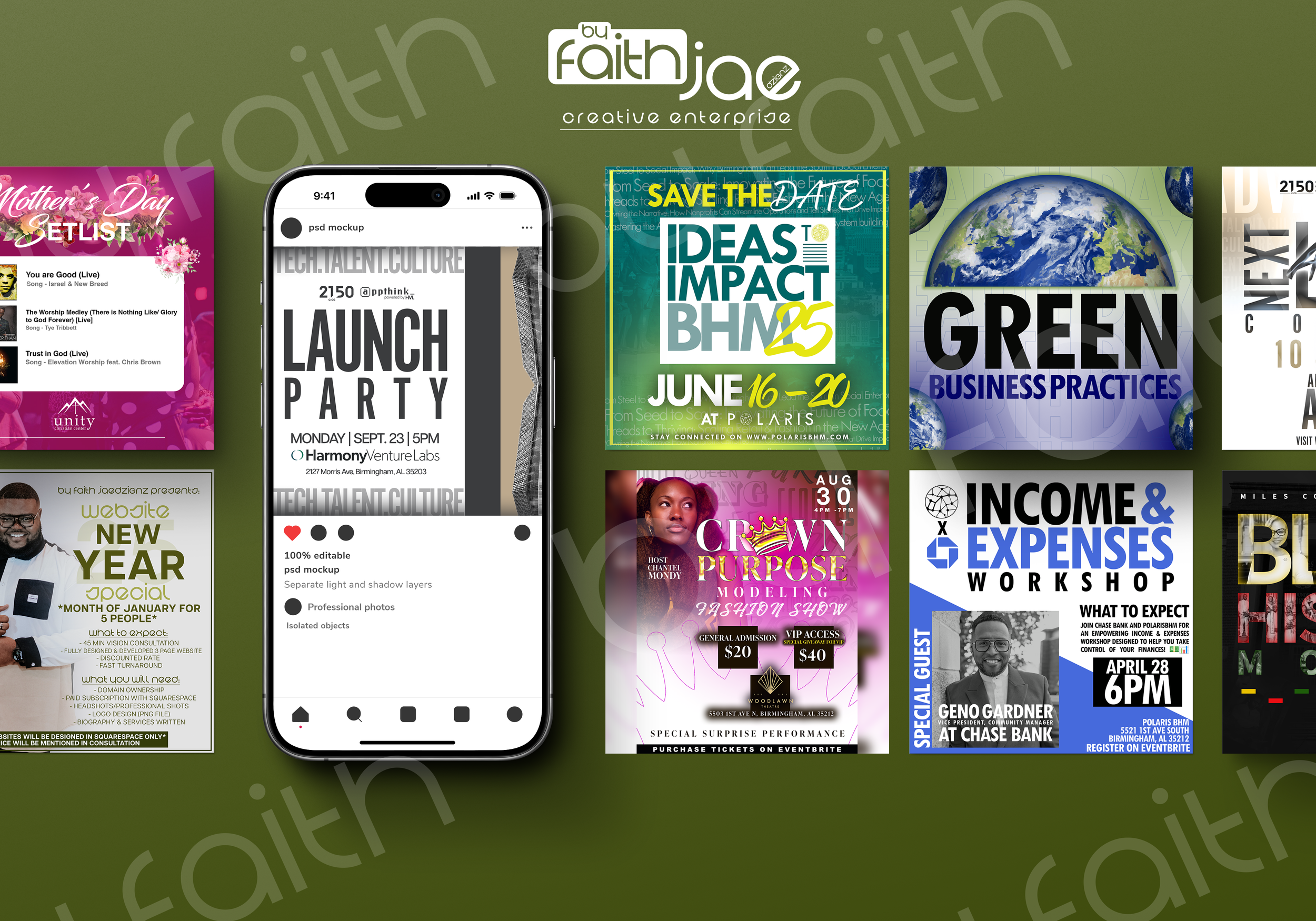 A collection of event posters and flyers displayed on a green background, including a Mother's Day event, a launch party invitation, a save the date for ideas impact, a green business practices poster, a New Year special promotion, a crown purpose fa