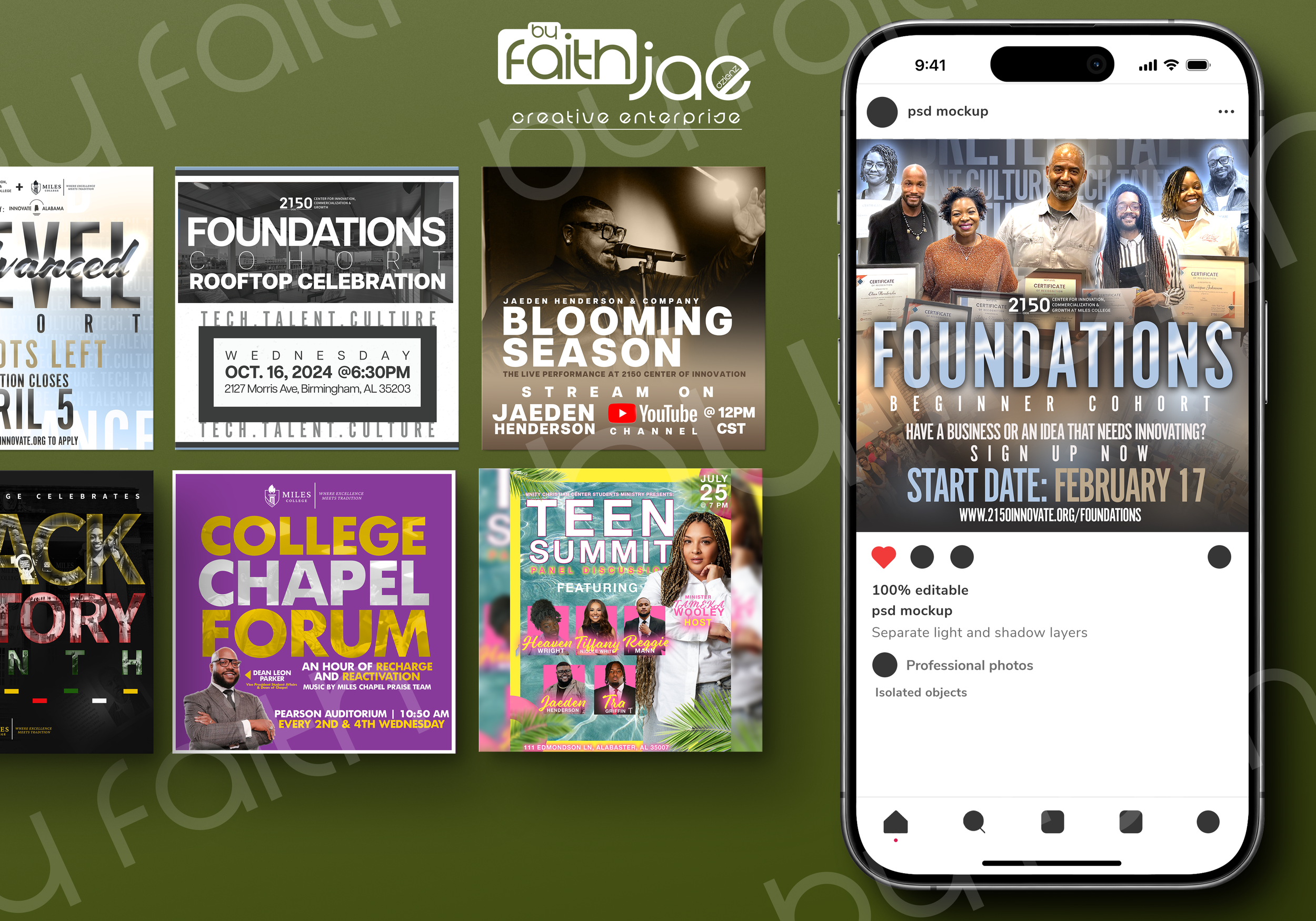A digital graphic displaying various event posters and a mockup of an Instagram post. The posters include events like 'Foundations Rooftop Celebration,' 'Blooming Season,' 'College Chapel Forum,' and 'Teen Summit,' with details and dates. The Instagr