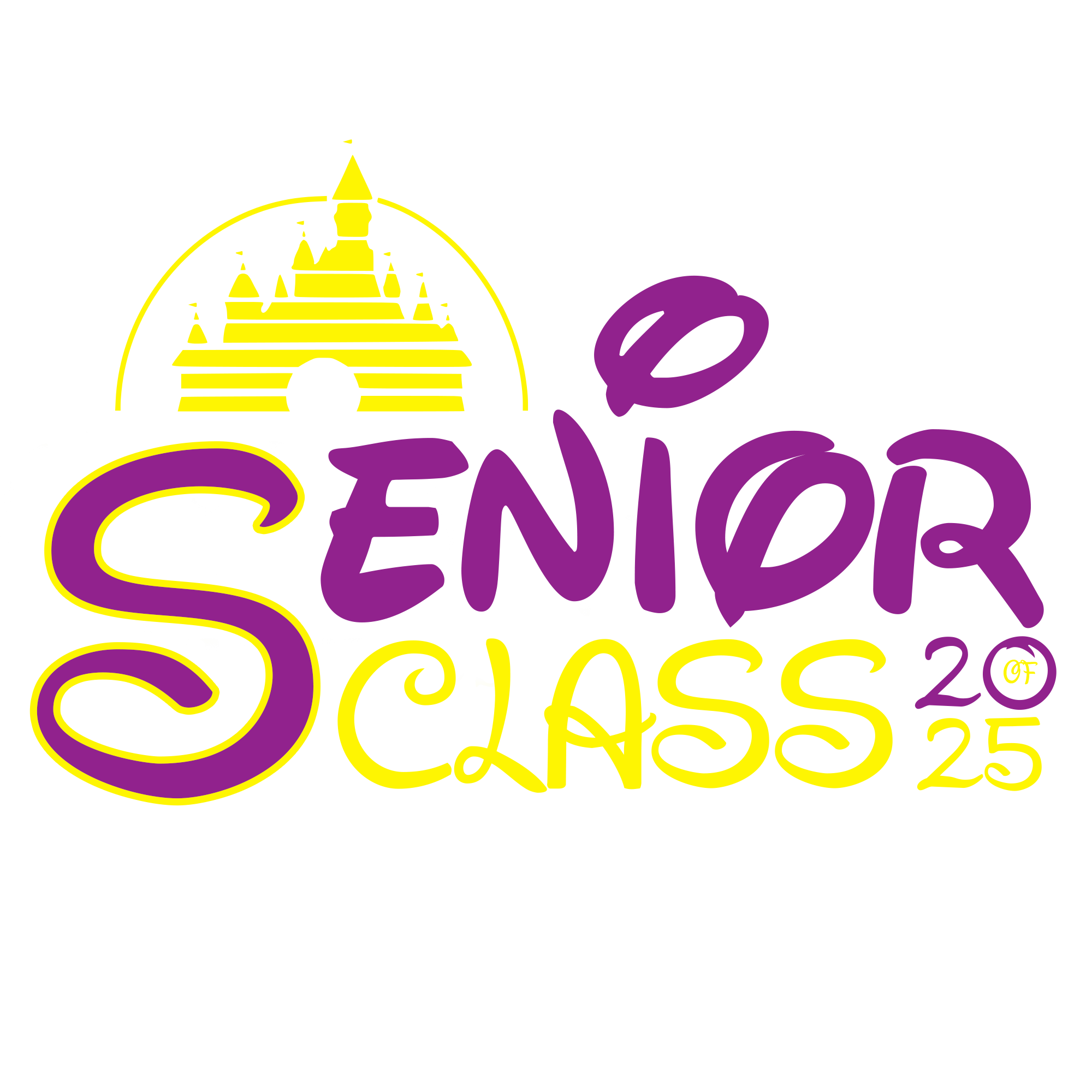 Colorful text reading 'Senior of 2025' with a yellow and purple castle outline in the background on a black background.