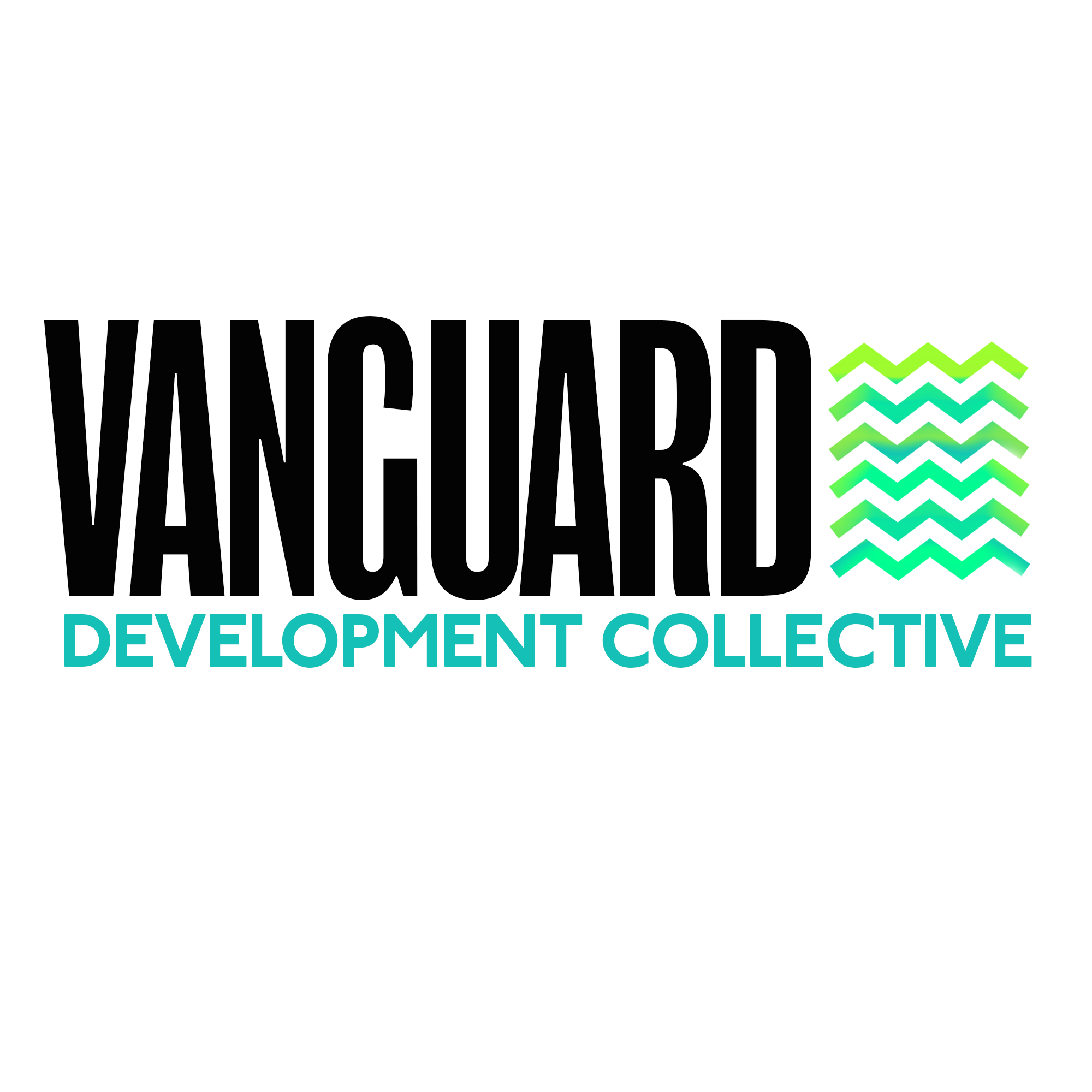 Vanguard Development Collective logo with black and teal text and a graphic of multiple wavy lines in shades of green and blue.