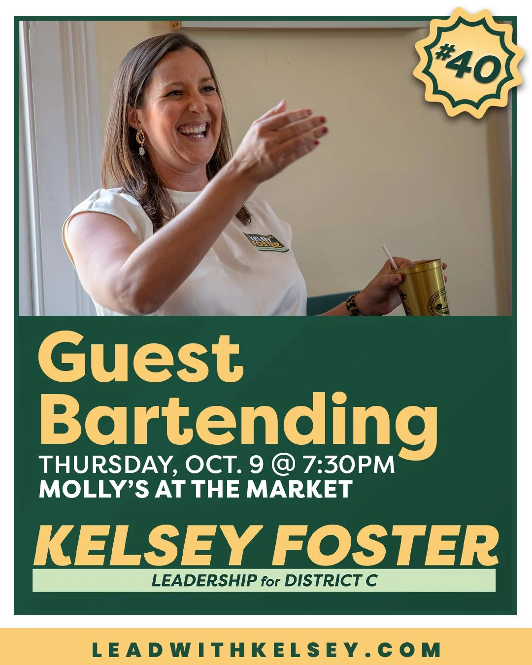 Come grab a drink at @mollysondecatur tomorrow, October 9th at 7:30pm and chat with #DistrictC Candidate Kelsey Foster &mdash; she&rsquo;ll be guest bartending for the night!

Don't forget! Election Day is THIS SATURDAY, October 11th. #GeauxVote