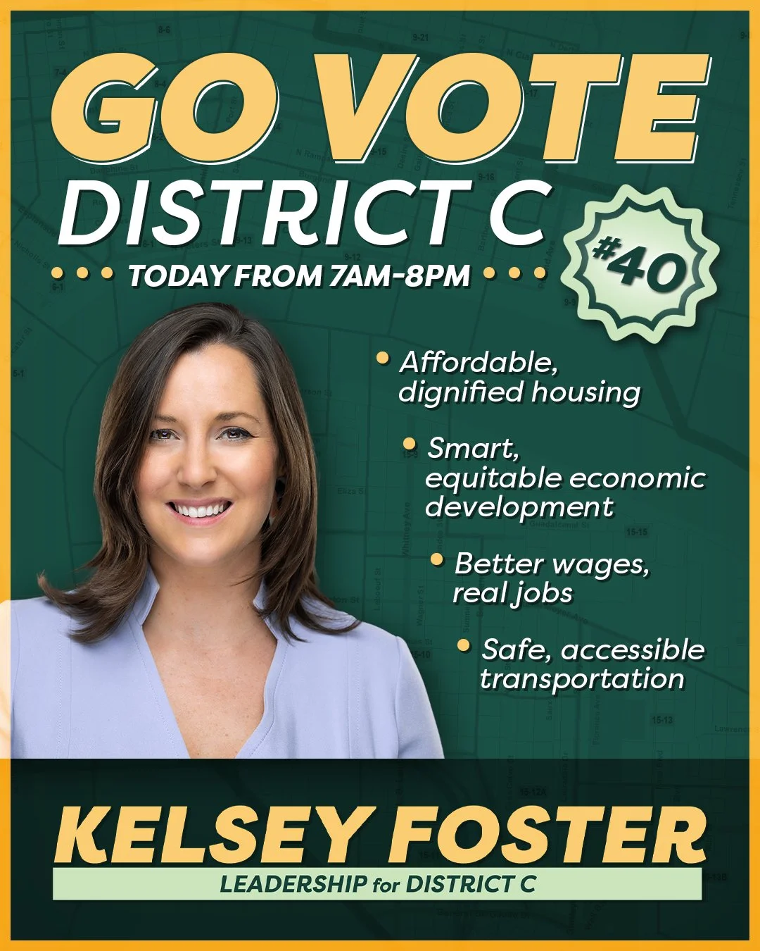 🗳️ It's Election Day, #NewOrleans! Get out and VOTE for Kelsey Foster, City Council #DistrictC! Polls are open from 7AM-8PM. #leadwithkelsey

Not sure where your polling place is?
Visit GeauxVote.com for all elections-related information. #GeauxVote