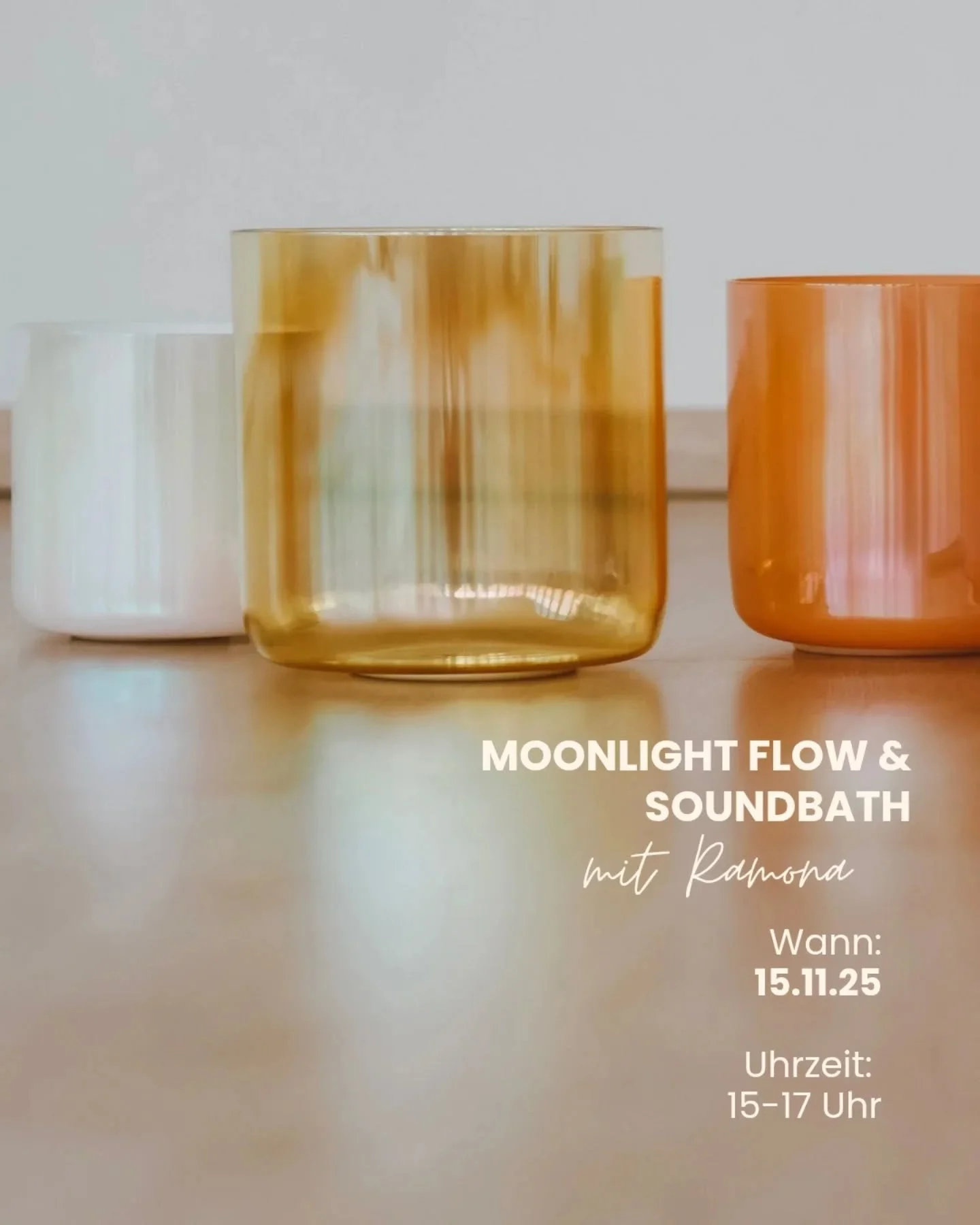 ✨ Moonlight Flow&amp; Soundbath ✨

Am 15.11. um 15 Uhr laden wir dich ein!

Tauche ein in sanfte Bewegung, Klang &amp; Stille.
Dieser wohltuende Moon Flow mit anschliessenden Soundbath schenken dir Ruhe, Leichtigkeit und neue Energie. 🌙
F&uuml;r all