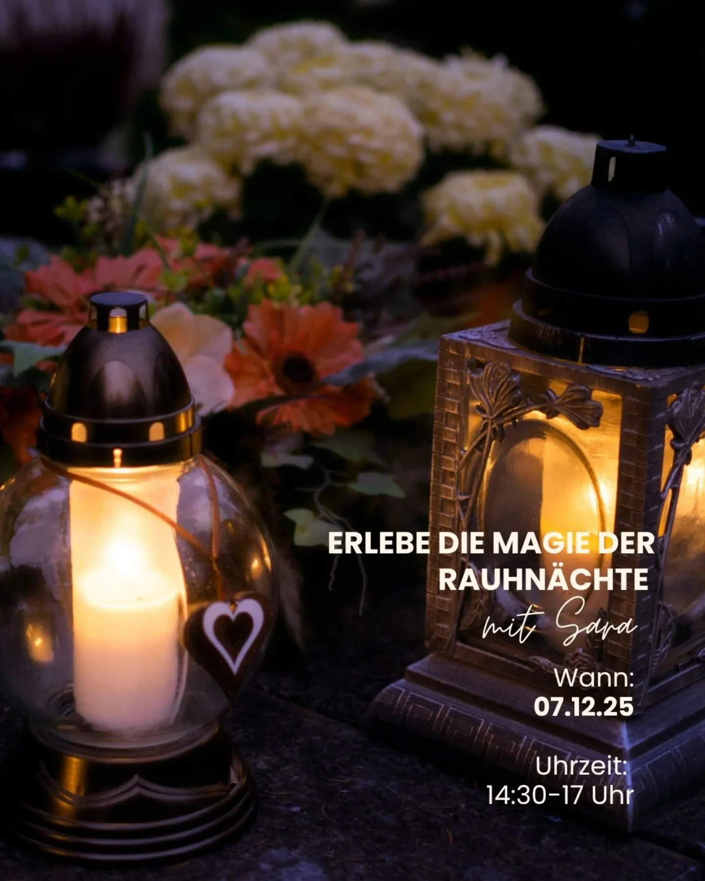 Erlebe die Magie der Raun&auml;chte mit Sara

Am 07.12. um 14:30 Uhr

In der Zeit zwischen den Jahren &ouml;ffnet sich ein Raum der Stille &ndash; eine Einladung, loszulassen, zu tr&auml;umen und dich mit deiner inneren Weisheit zu verbinden. 

Erfah