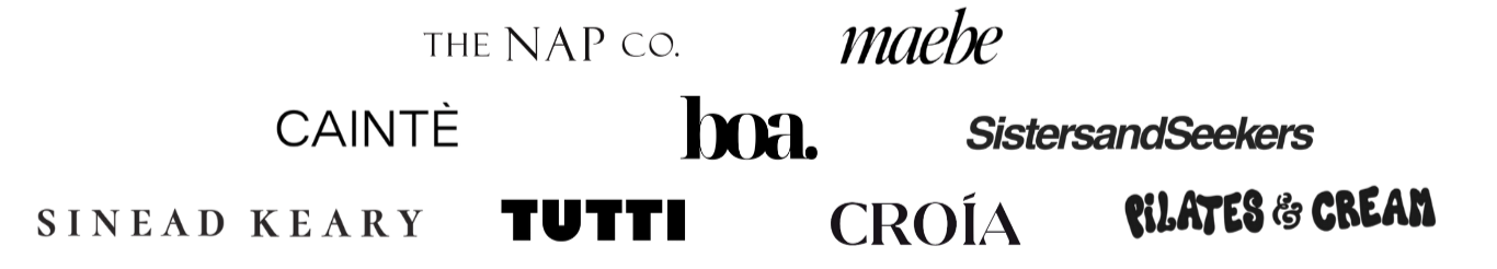 A black background with various white and gray text in different fonts and sizes, containing phrases like "The Nap Co.", "Sinead Keary", "Tutti", "Croia", "Sisters and Seekers", "PILATES & CREAM" and other words and brand names.