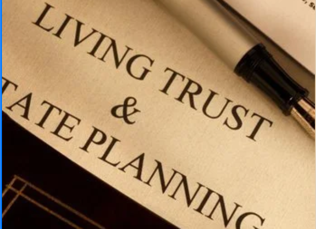 Close-up of a paper with the words 'Living Trust & Estate Planning' and a black pen resting on the upper corner.