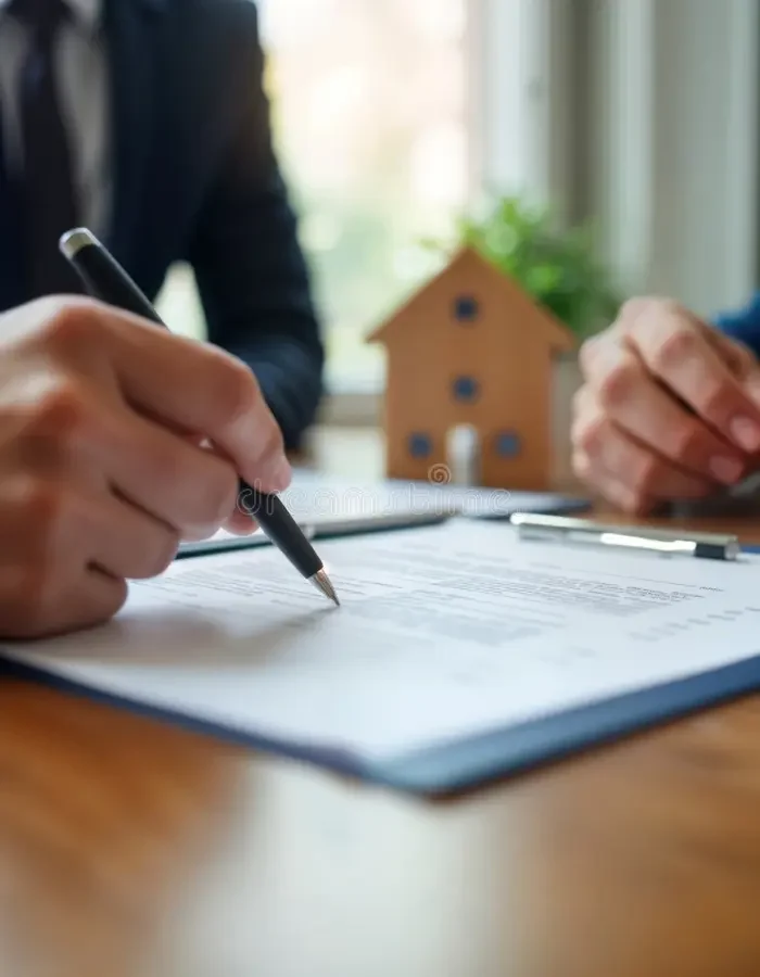 Person signing a document with a pen, with a small model house and another person's hands in the background.