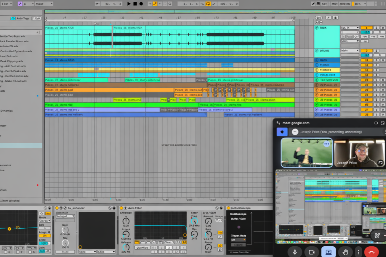 Screenshot of a digital audio workstation (DAW) in Ableton Live with multiple tracks and clips for music production. There is a smaller overlay window showing a video call with Joseph Price, who is waving and wearing glasses, and the main workspace contains arranged musical clips in various colors.